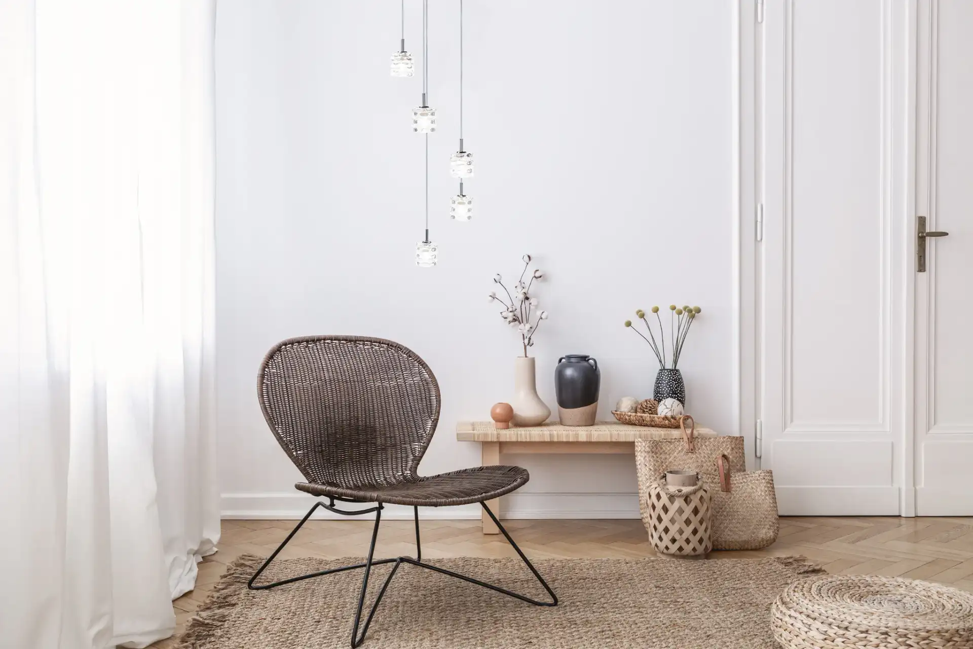 Hadden Five-Light Pendant in Silver / Glass in a styled room