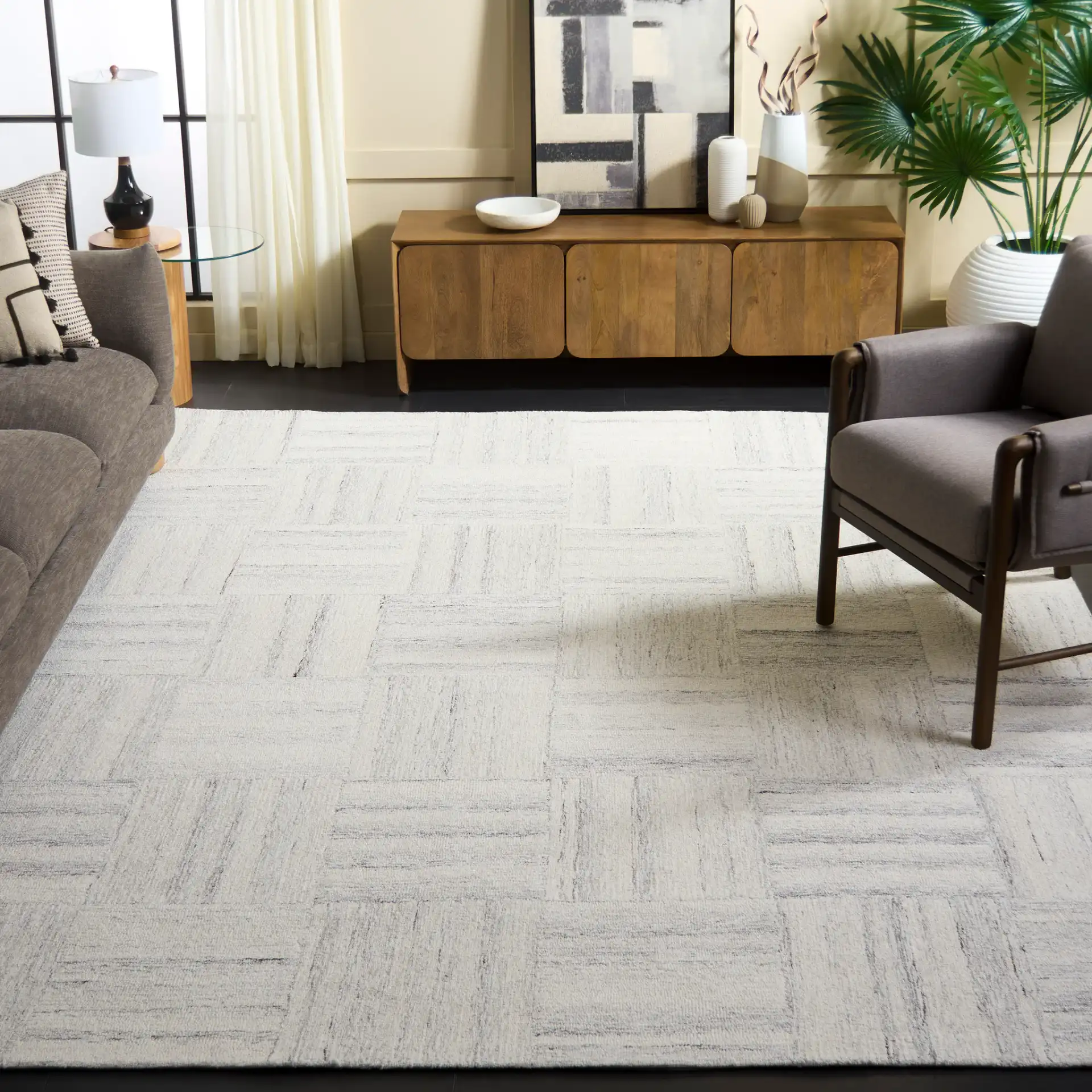 Pine Basketweave Hand-Tufted Wool Rug in Ivory / Gray in a styled room