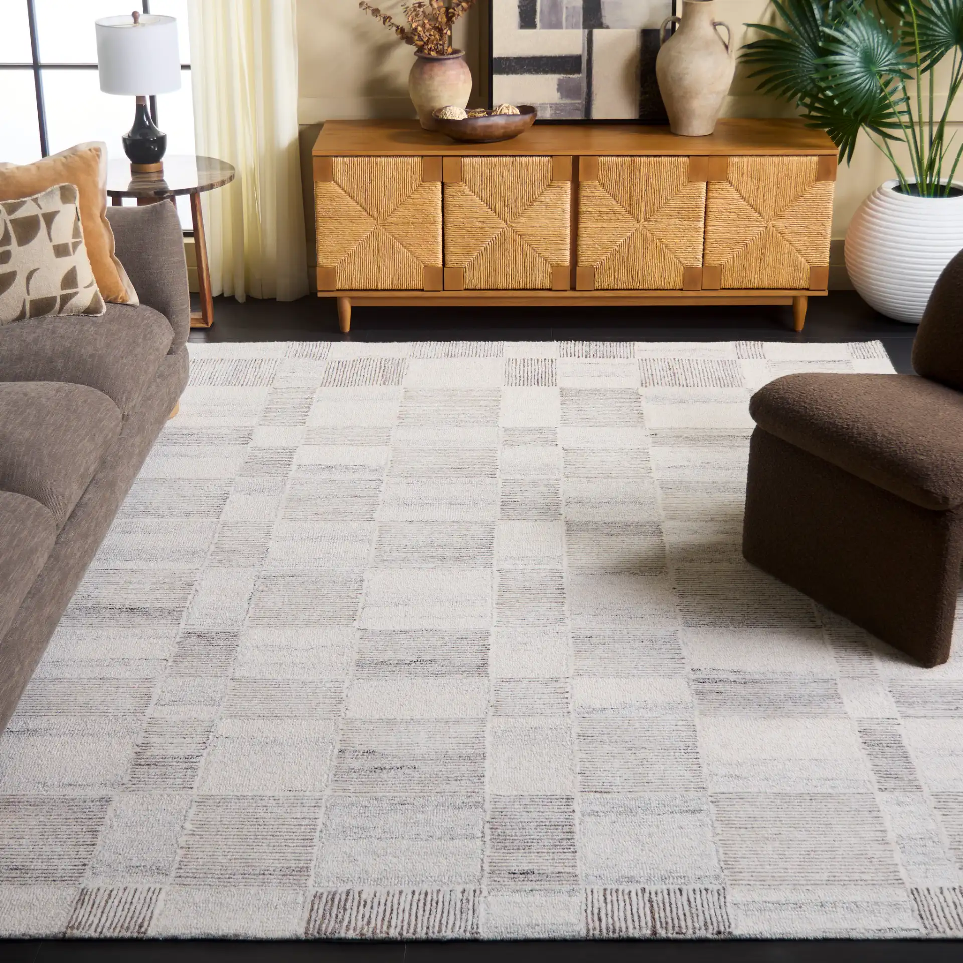 Pine Checkerboard Hand-Tufted Wool Rug in Beige / Brown in a styled room