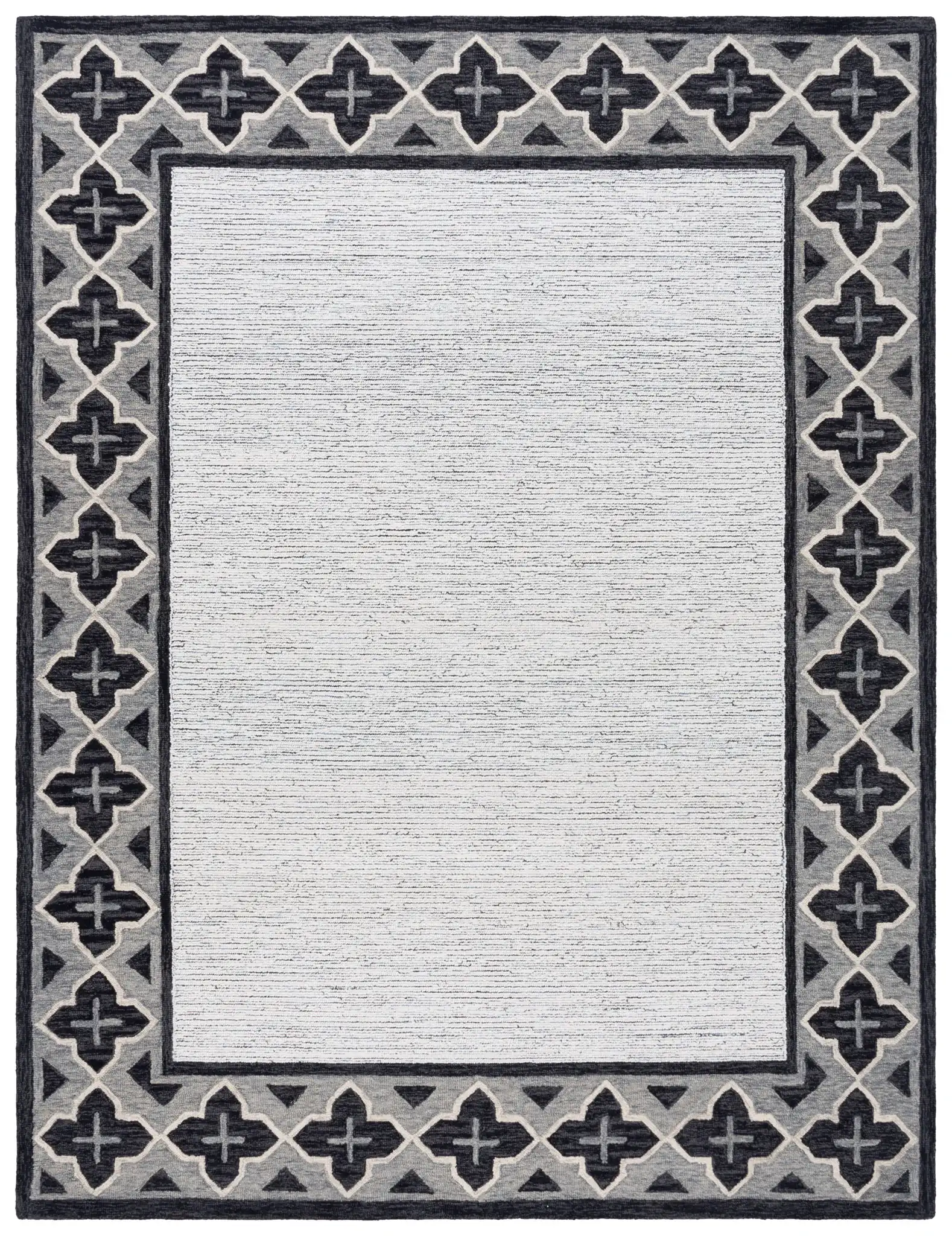 Pine Bordered Geometric Hand-Tufted Wool Rug in Charcoal / Ivory