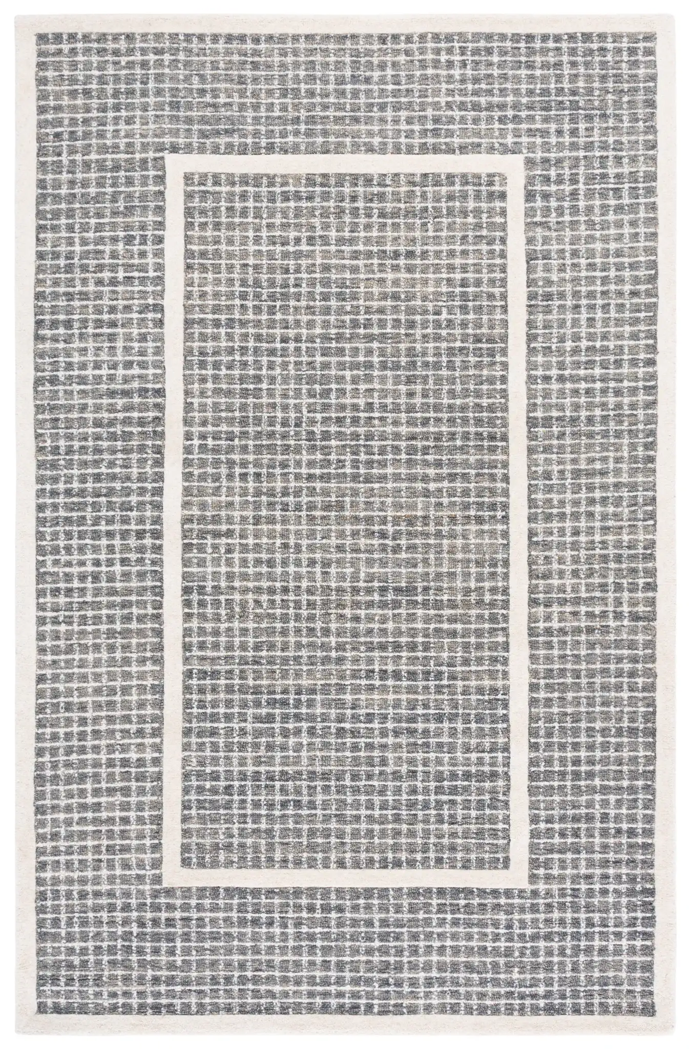 Pine Bordered Grid Hand-Tufted Wool Rug in Gray / Ivory