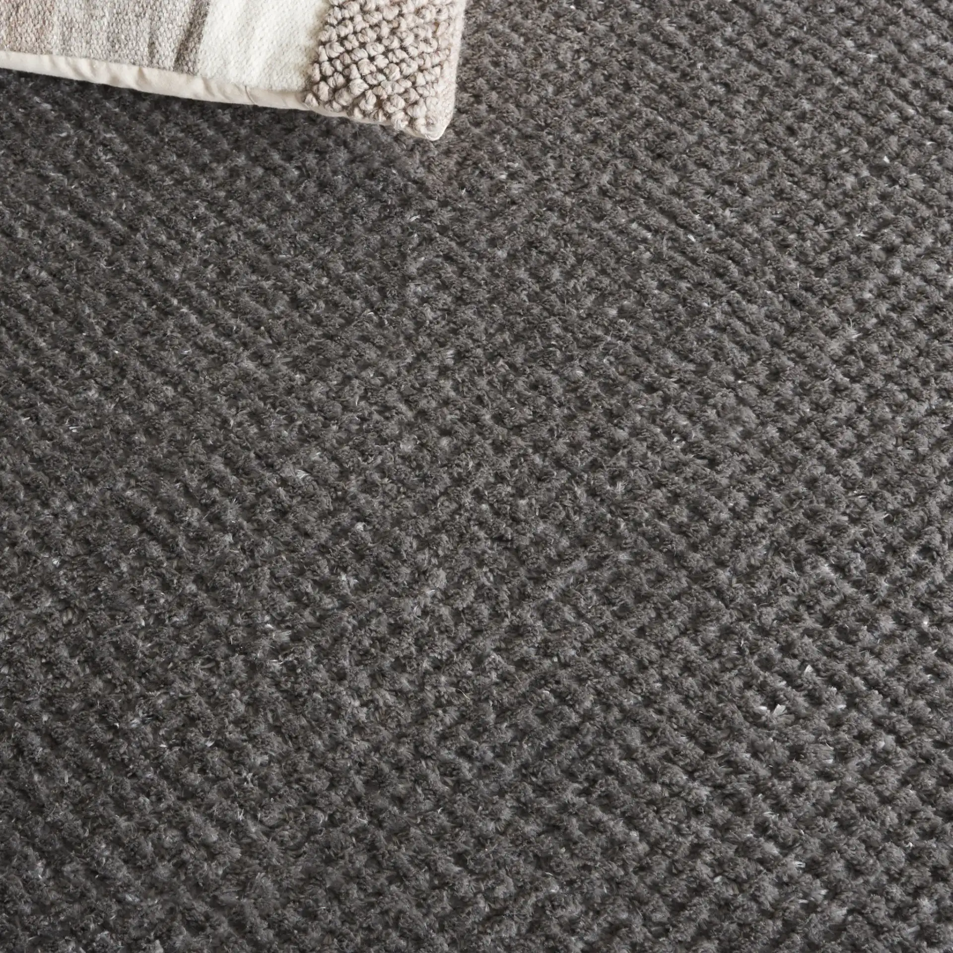 Penelope Textured Solid Shag Rug in Gray in a styled room