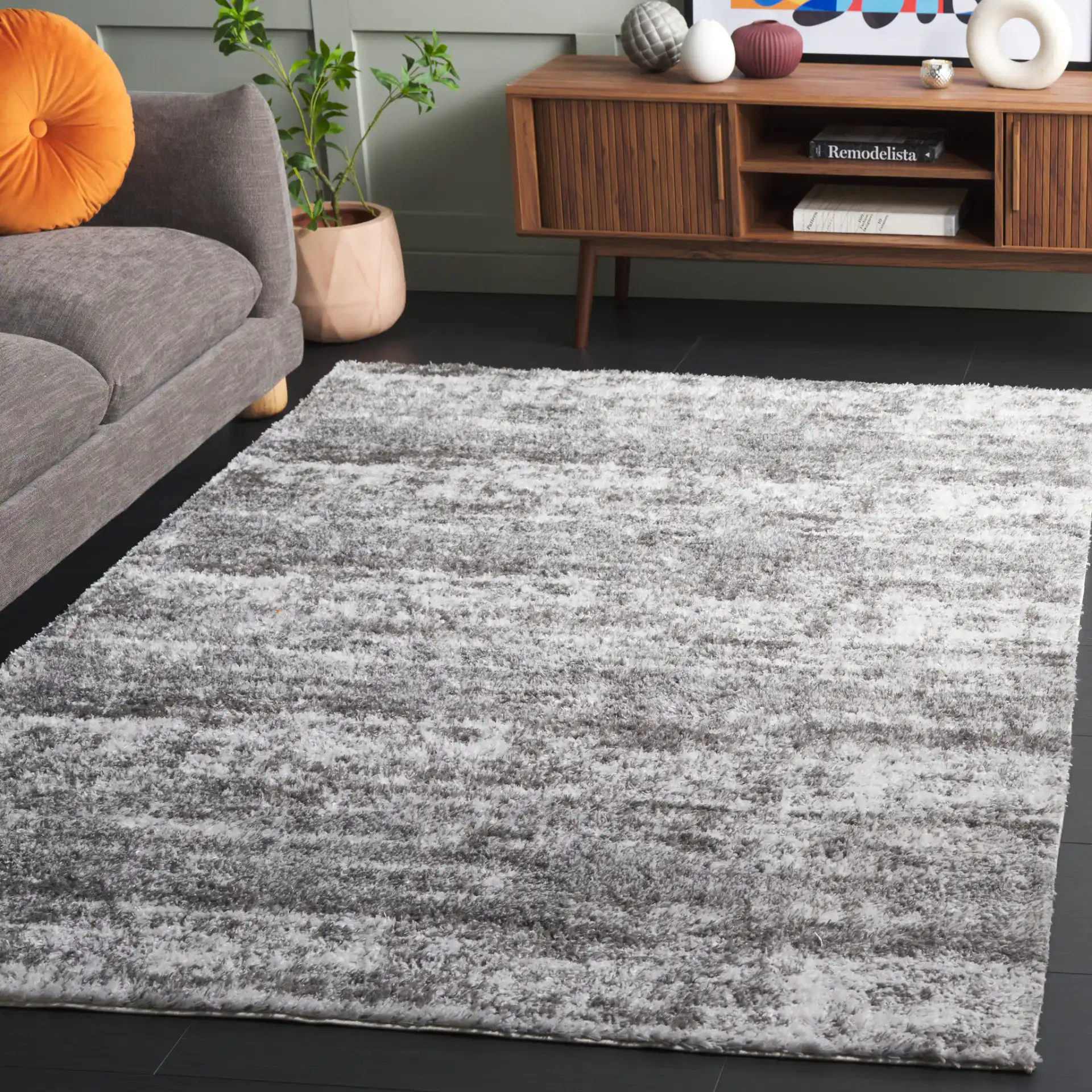 Penelope Striated Shag Rug in Gray / Ivory in a styled room