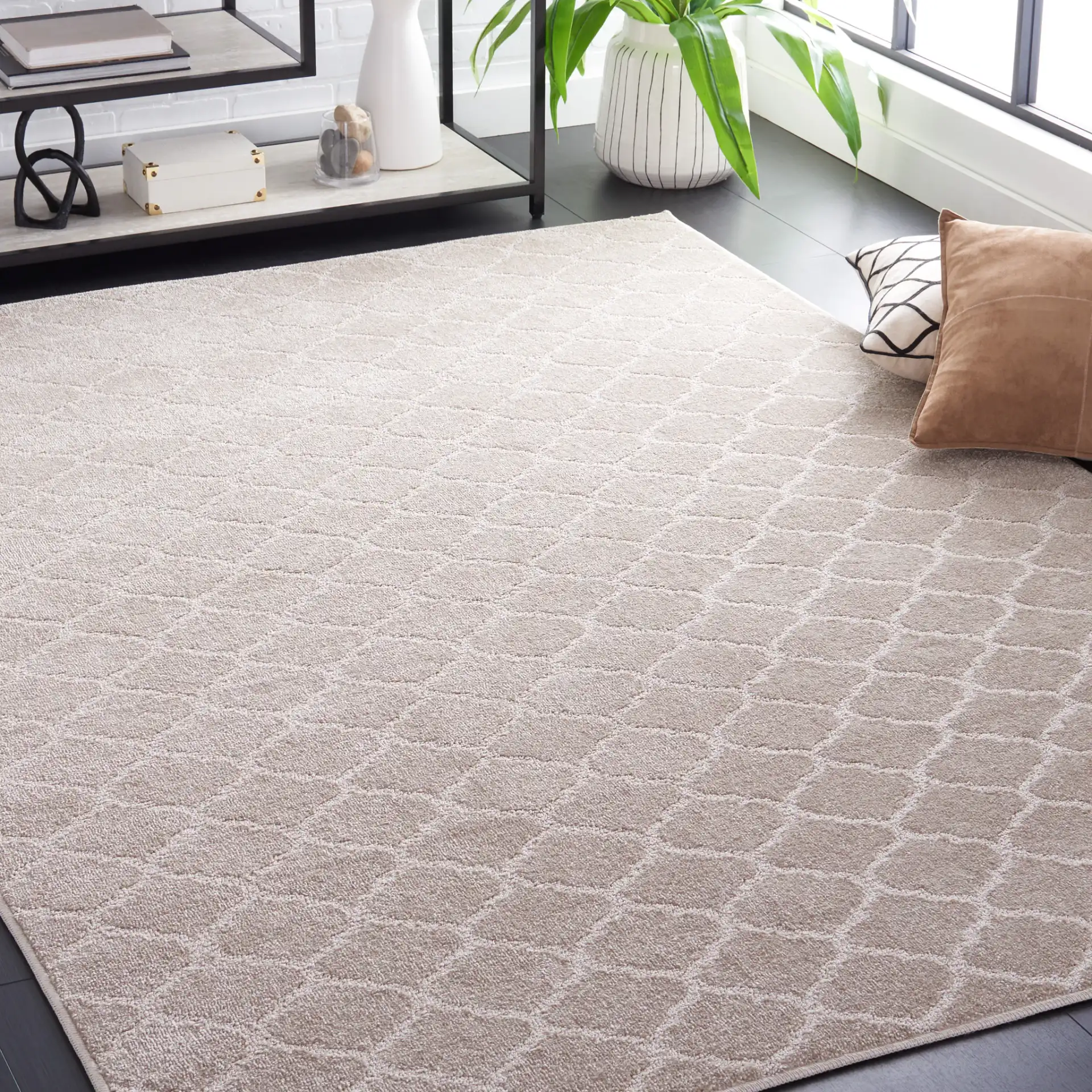 Pattern & Solid Pattern And Solid Trellis Rug in Beige in a styled room