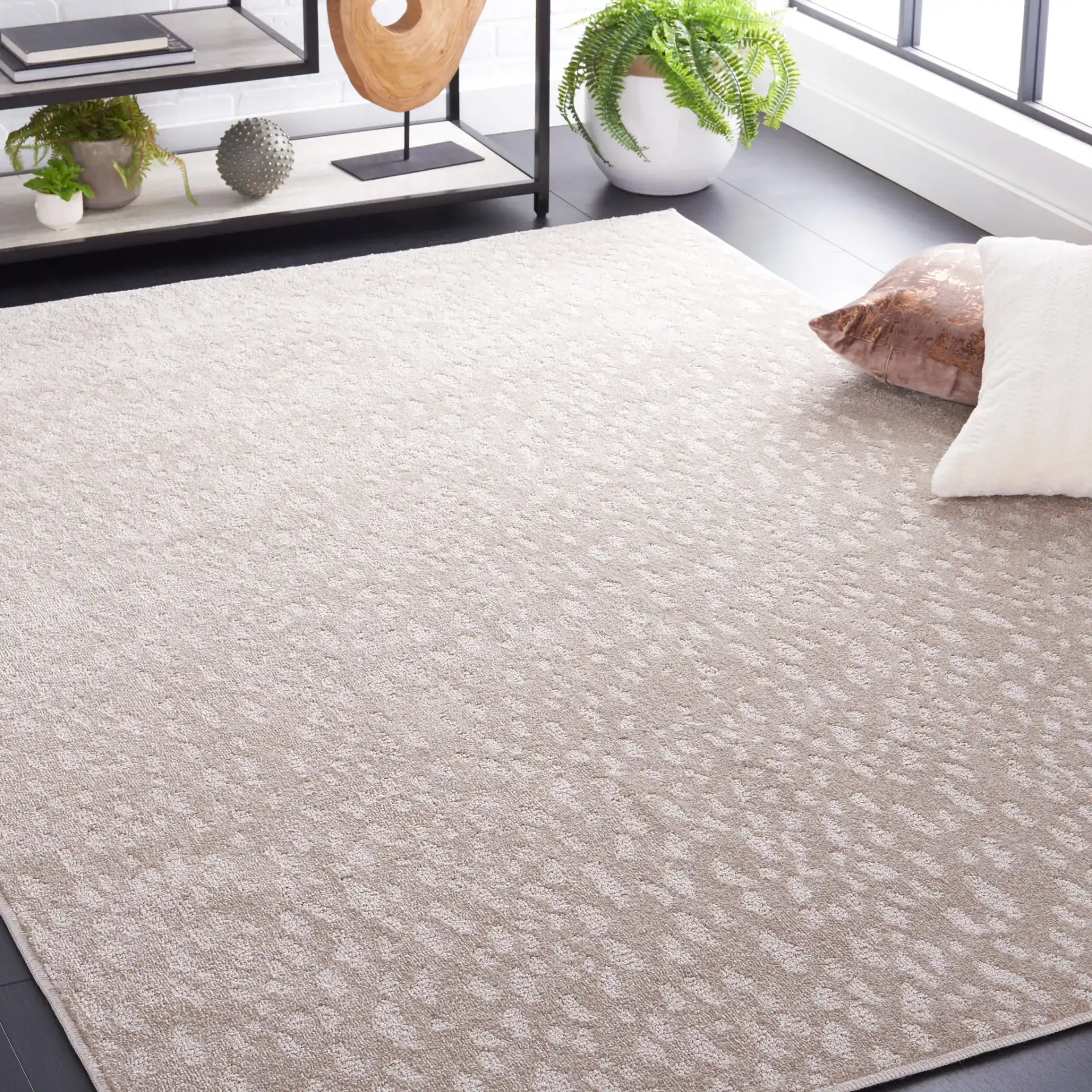 Pattern & Solid Pattern And Solid Spotted Rug in Beige in a styled room