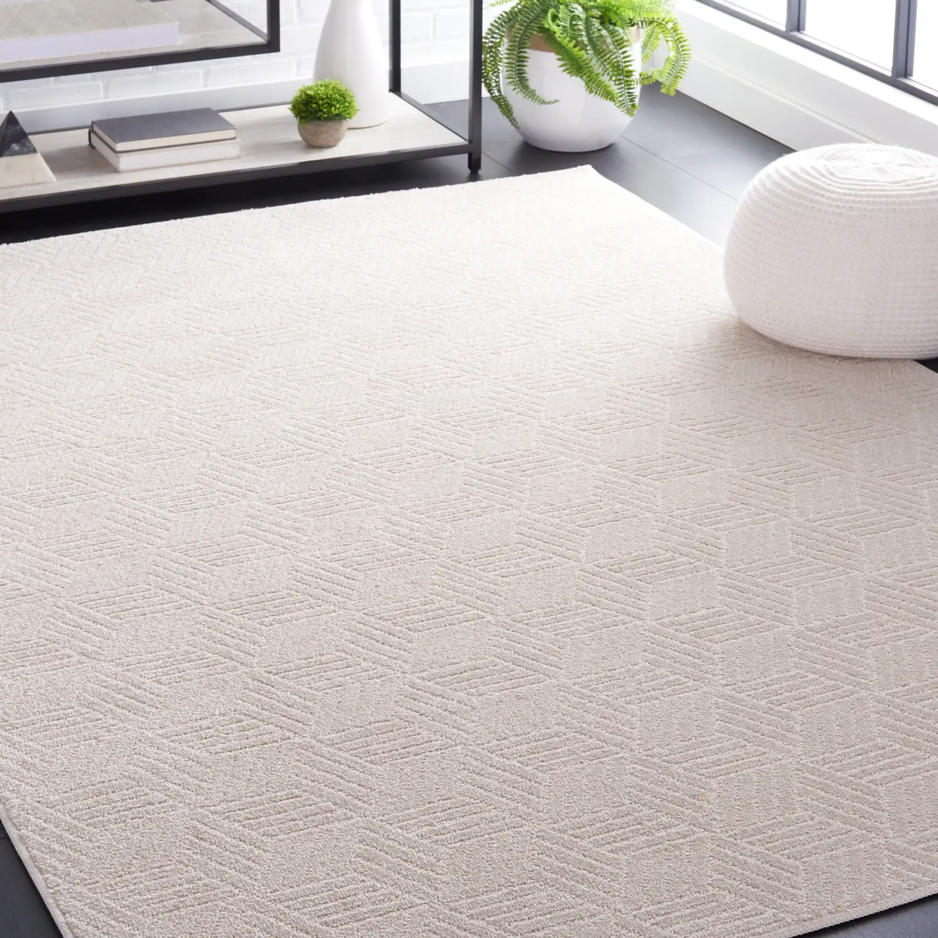 Pattern & Solid Pattern And Solid Geometric Block Rug in Ivory in a styled room
