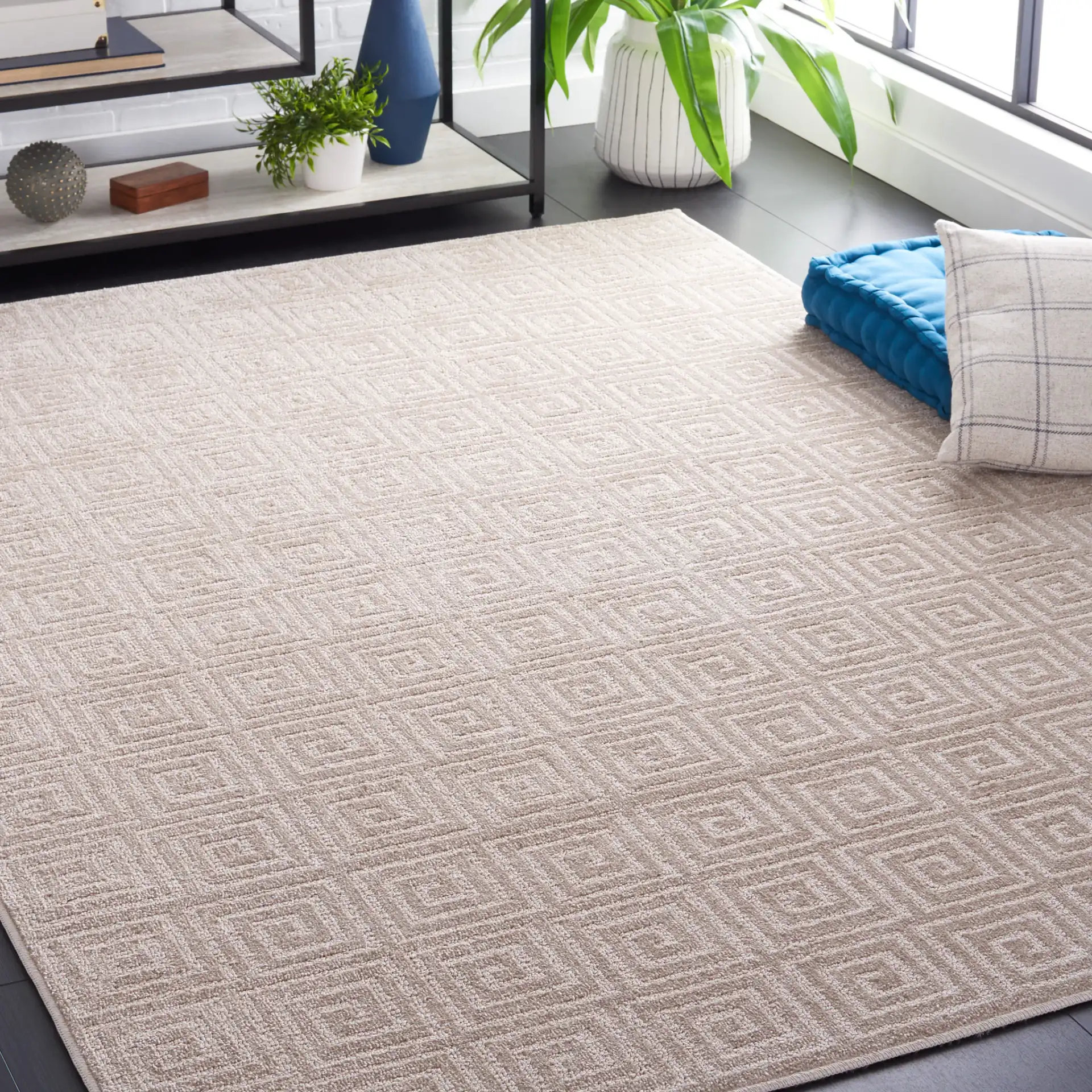 Pattern & Solid Pattern And Solid Greek Key Grid Rug in Beige in a styled room