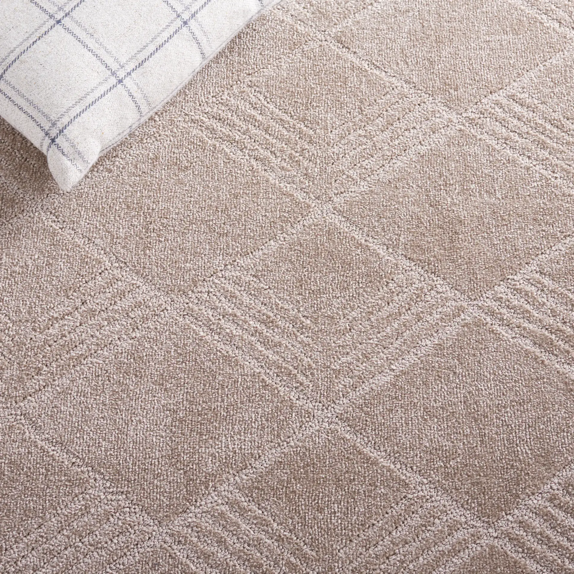 Pattern & Solid Pattern And Solid Diamond Grid Rug in Beige in a styled room