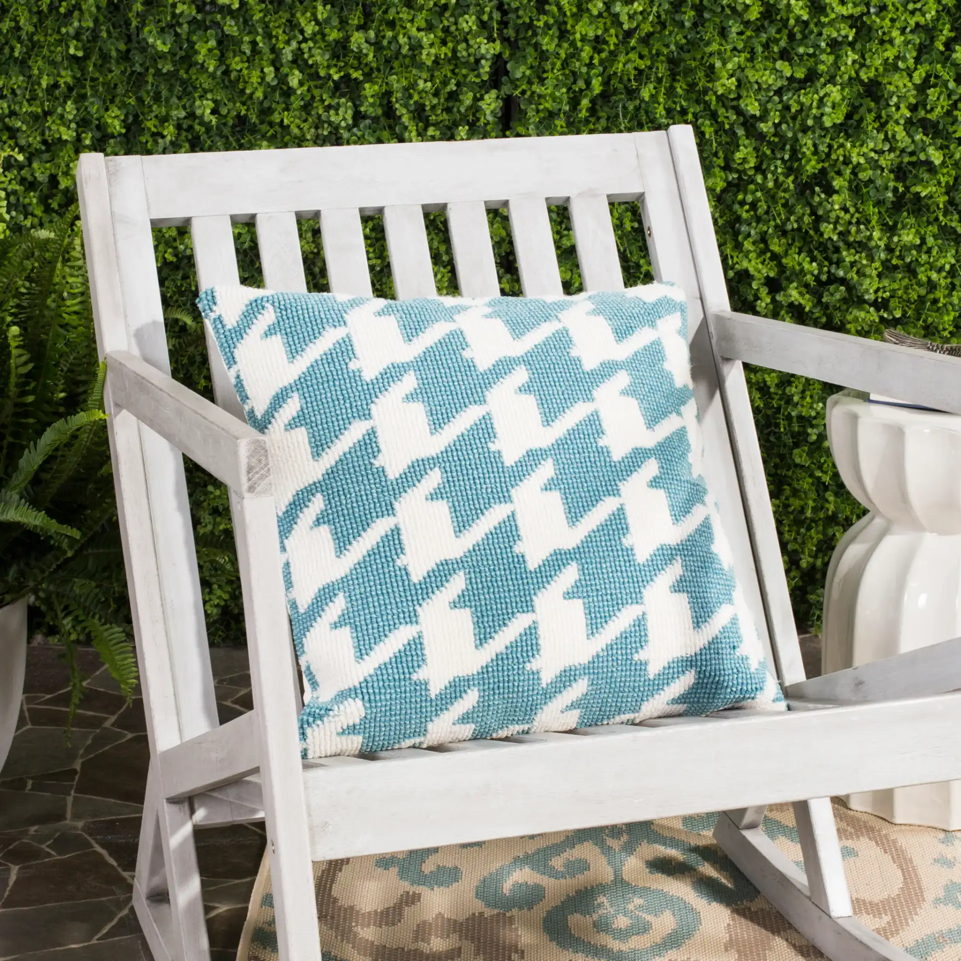 Hanne Houndstooth Pillow in Celadon / Ivory in a styled room