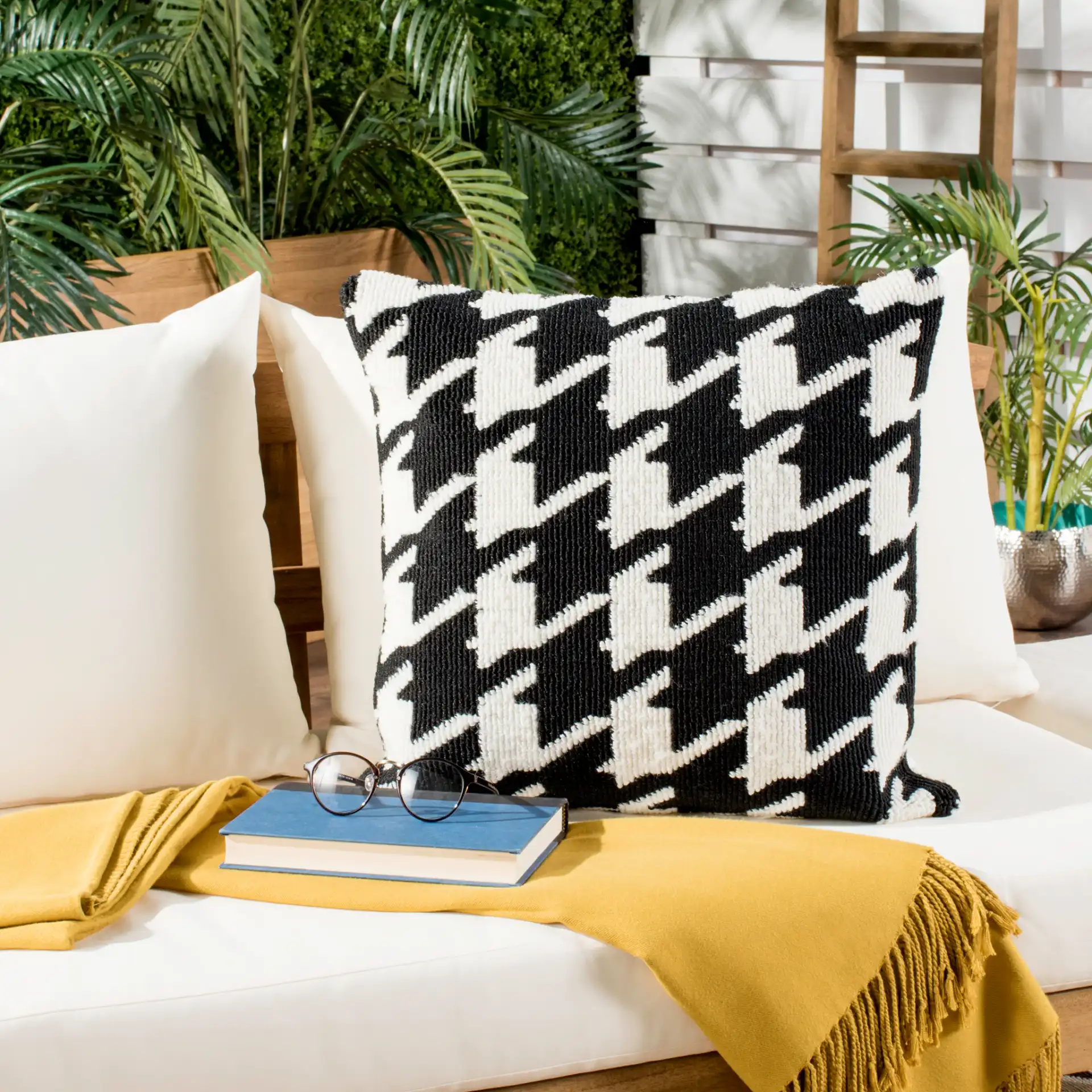 Hanne Houndstooth Pillow in Celadon / Ivory in a styled room