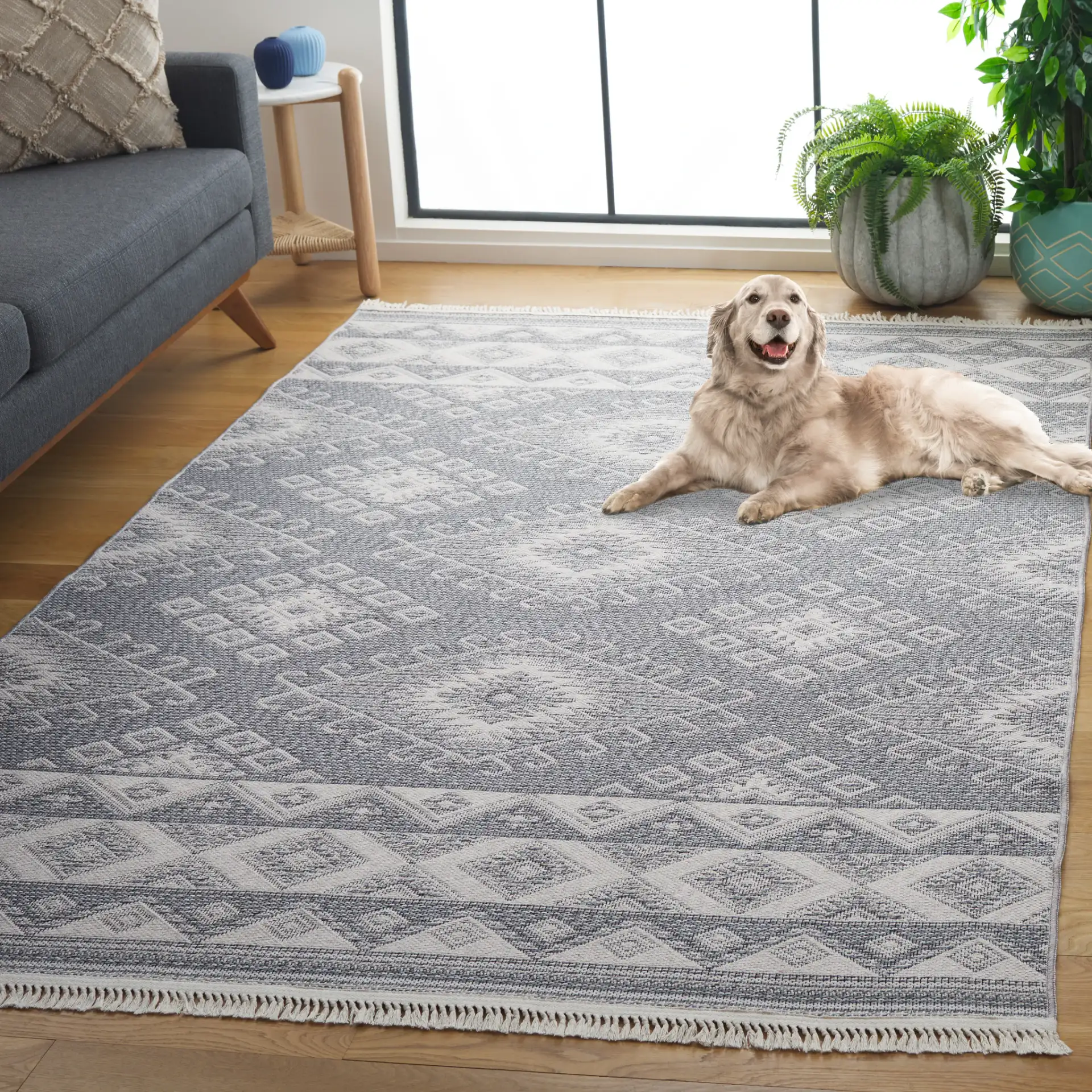 Prairie Banded Diamond Rug in Blue / Gray in a styled room