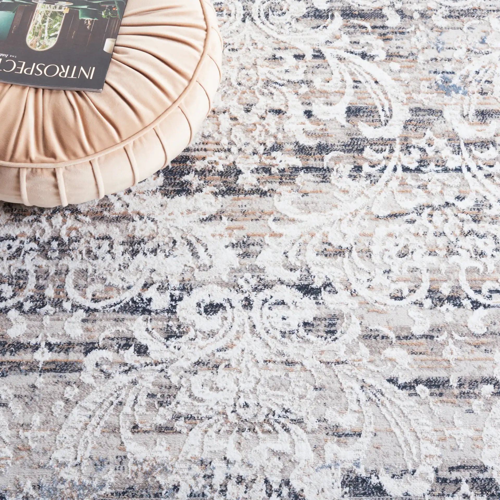 Parker Transitional Vintaged Damask Rug in Taupe / Ivory Gray in a styled room