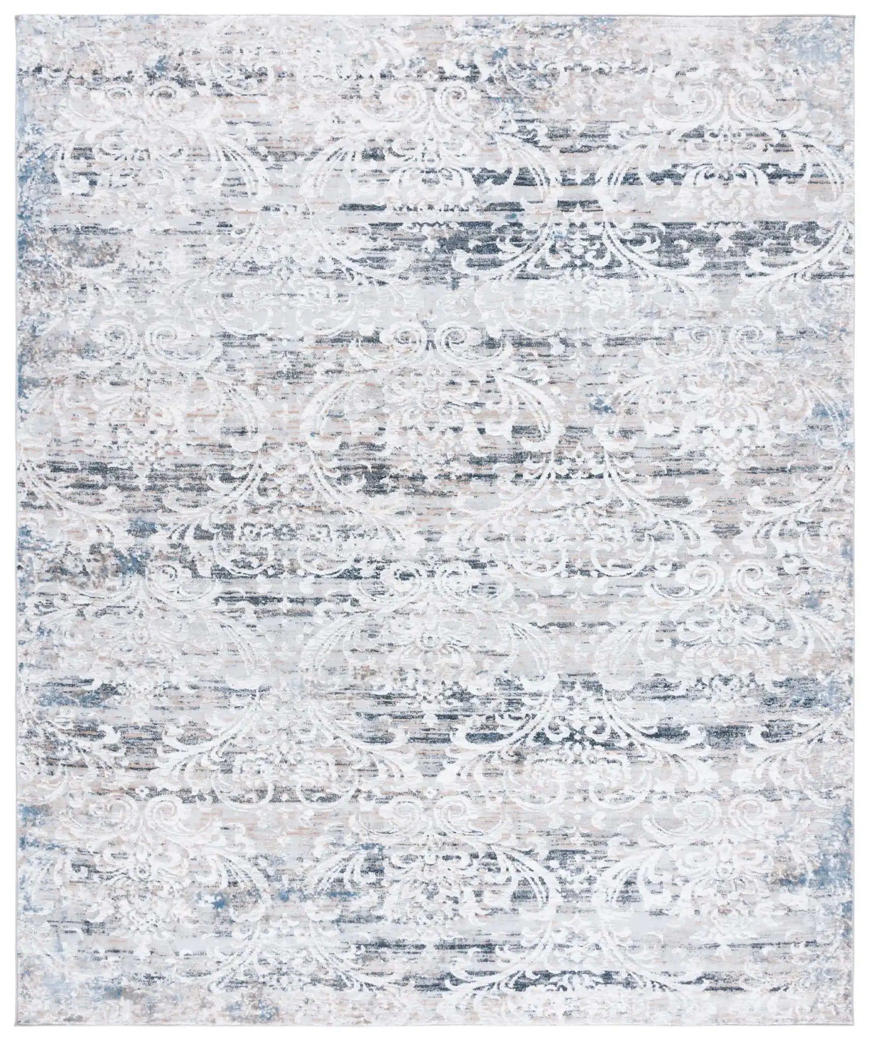 Parker Transitional Vintaged Damask Rug in Taupe / Ivory Gray