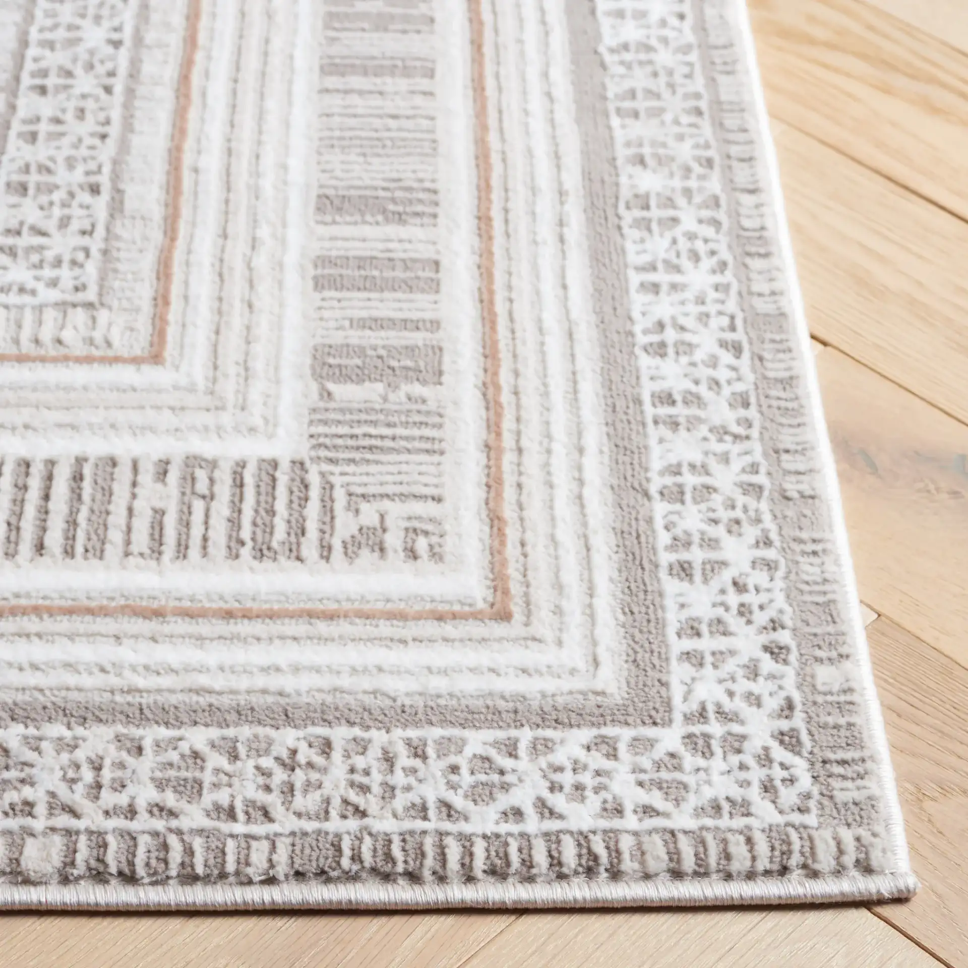 Parker Multi-Border Rug in Taupe / Gray Gold in a styled room