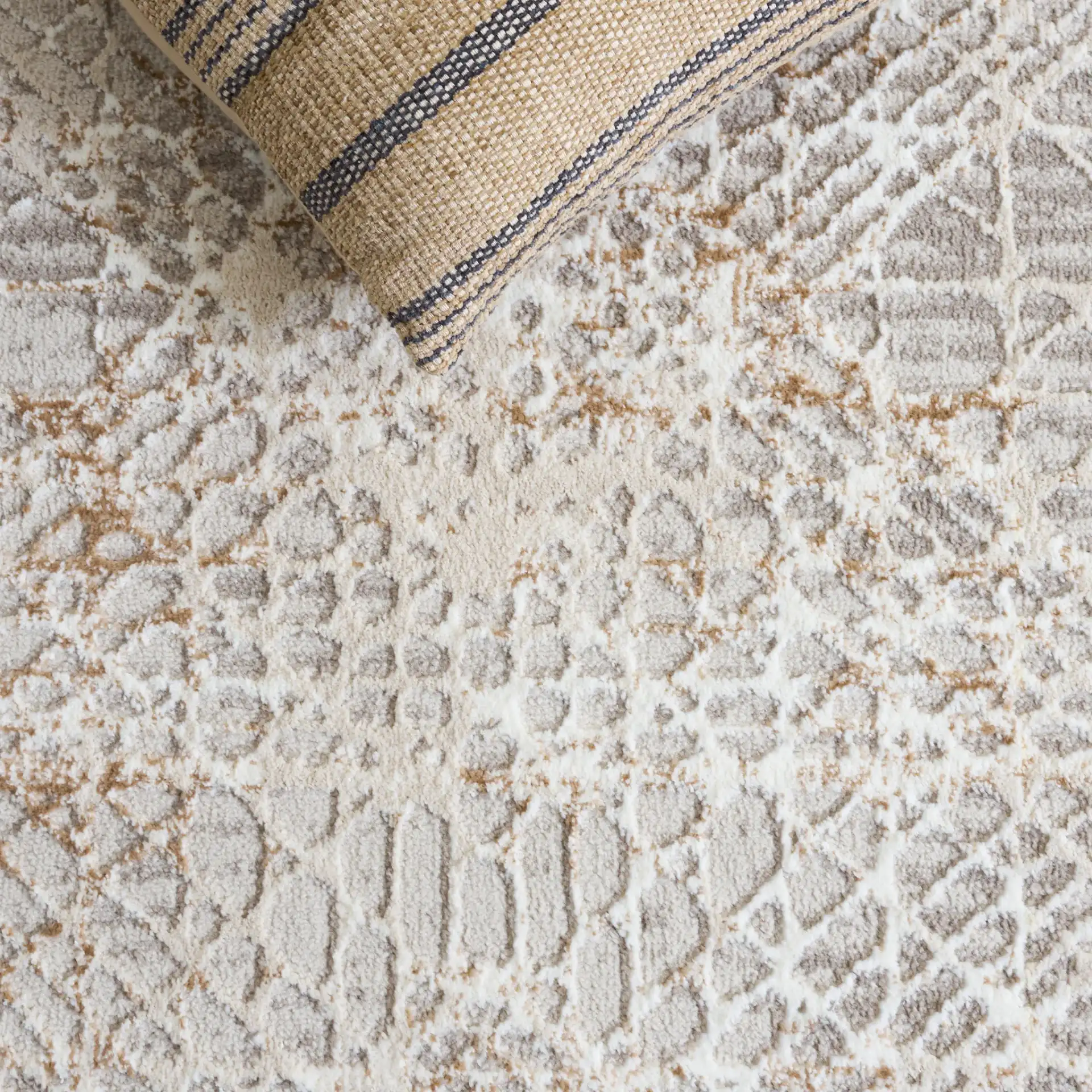 Parker Distressed Diamond Trellis Rug in Taupe / Gray Ivory in a styled room