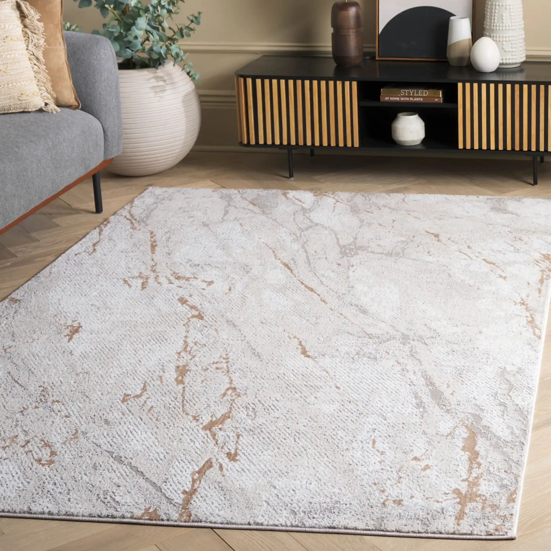 Parker Marble Rug in Taupe / Gray Gold in a styled room