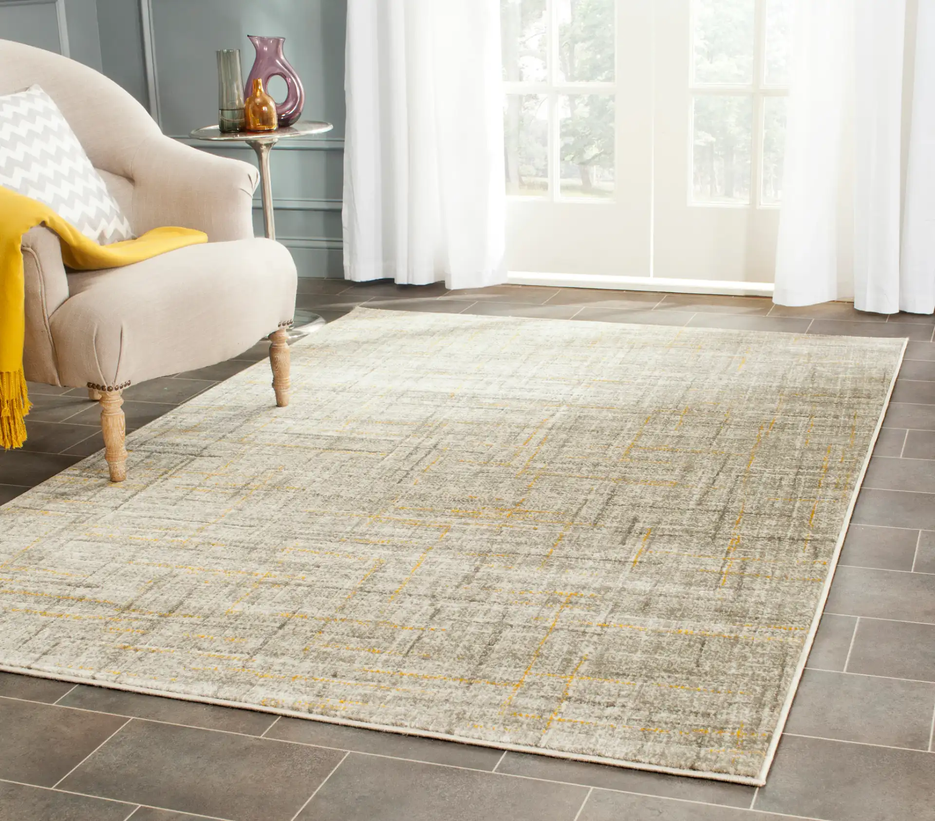 Porcello Abstract Crosshatch Rug in Gray / Dark Gray in a styled room