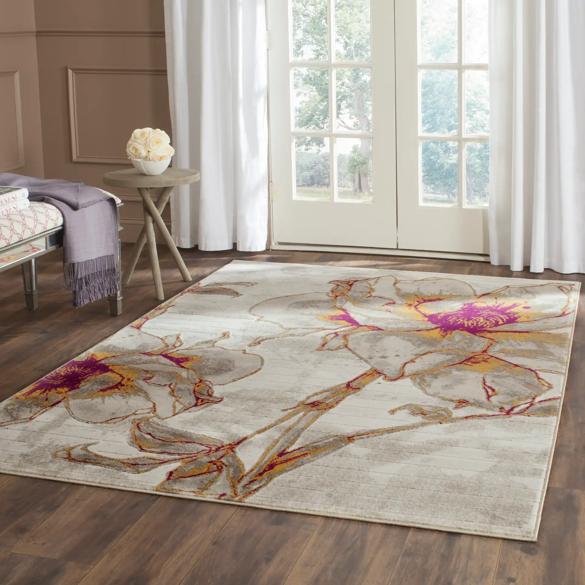 Porcello Oversized Bloom Rug in Ivory / Gray in a styled room