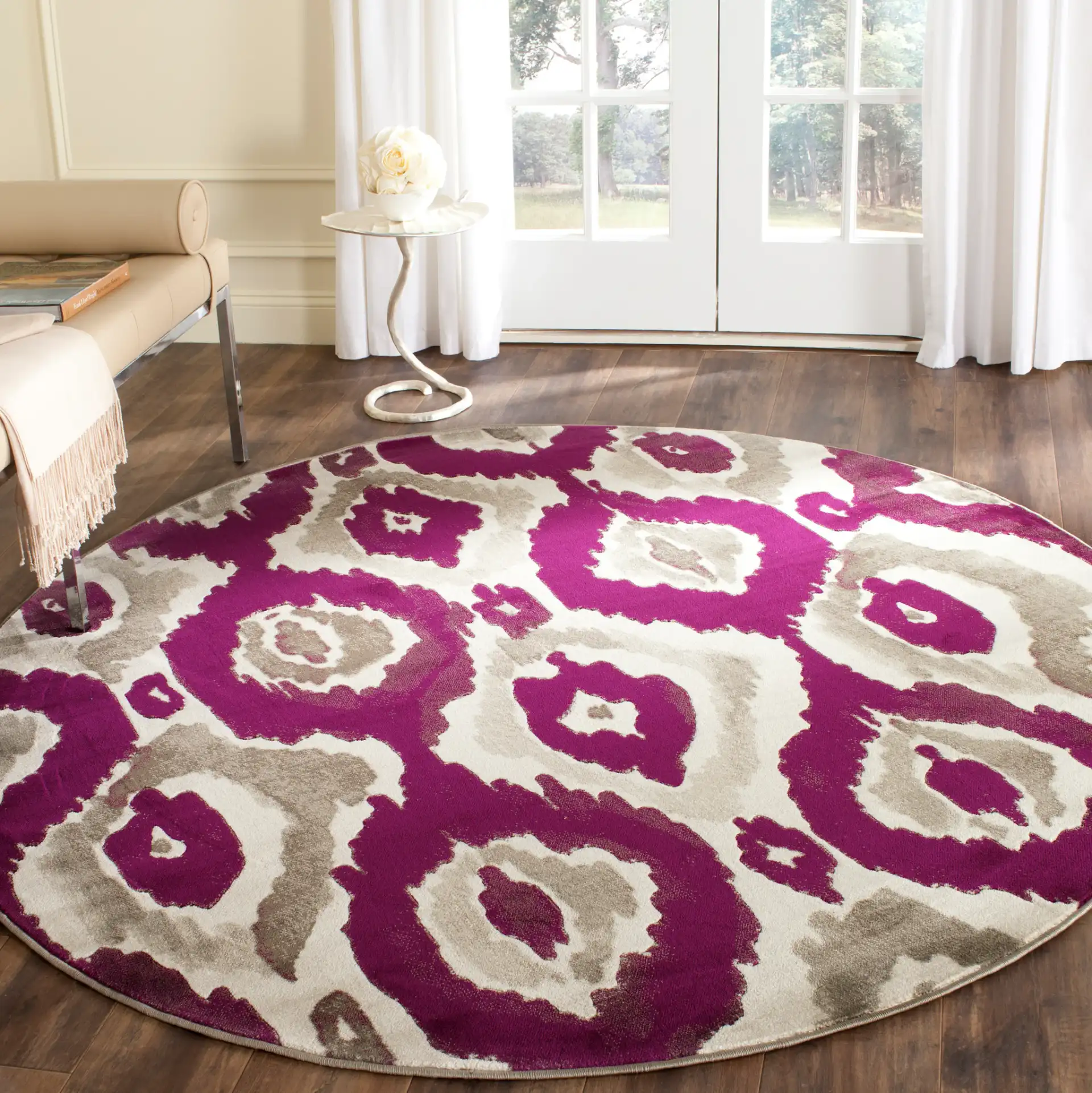 Porcello Ikat Diamond Rug in Ivory / Purple in a styled room