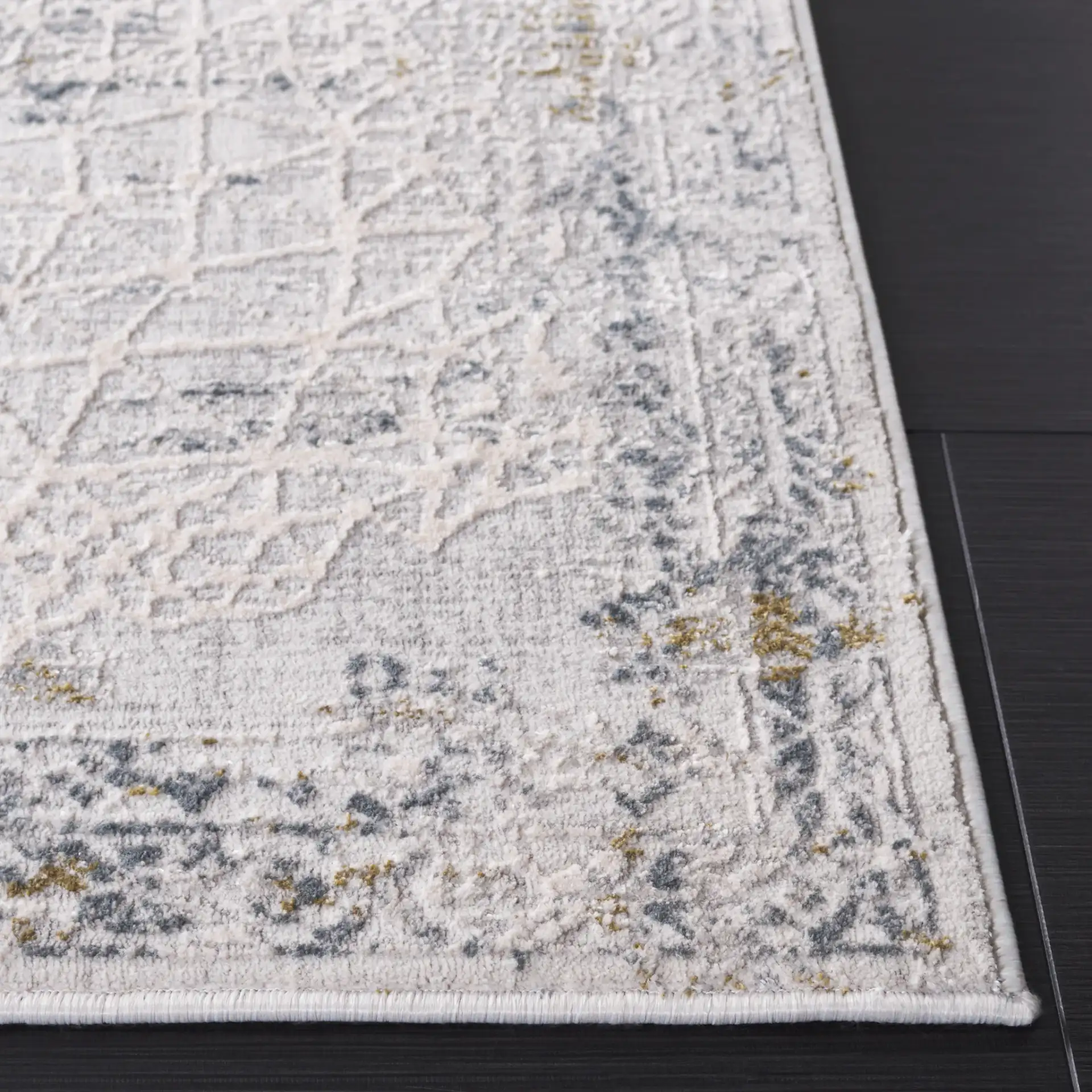 Princeton Abstract Bordered Rug in Light Beige in a styled room
