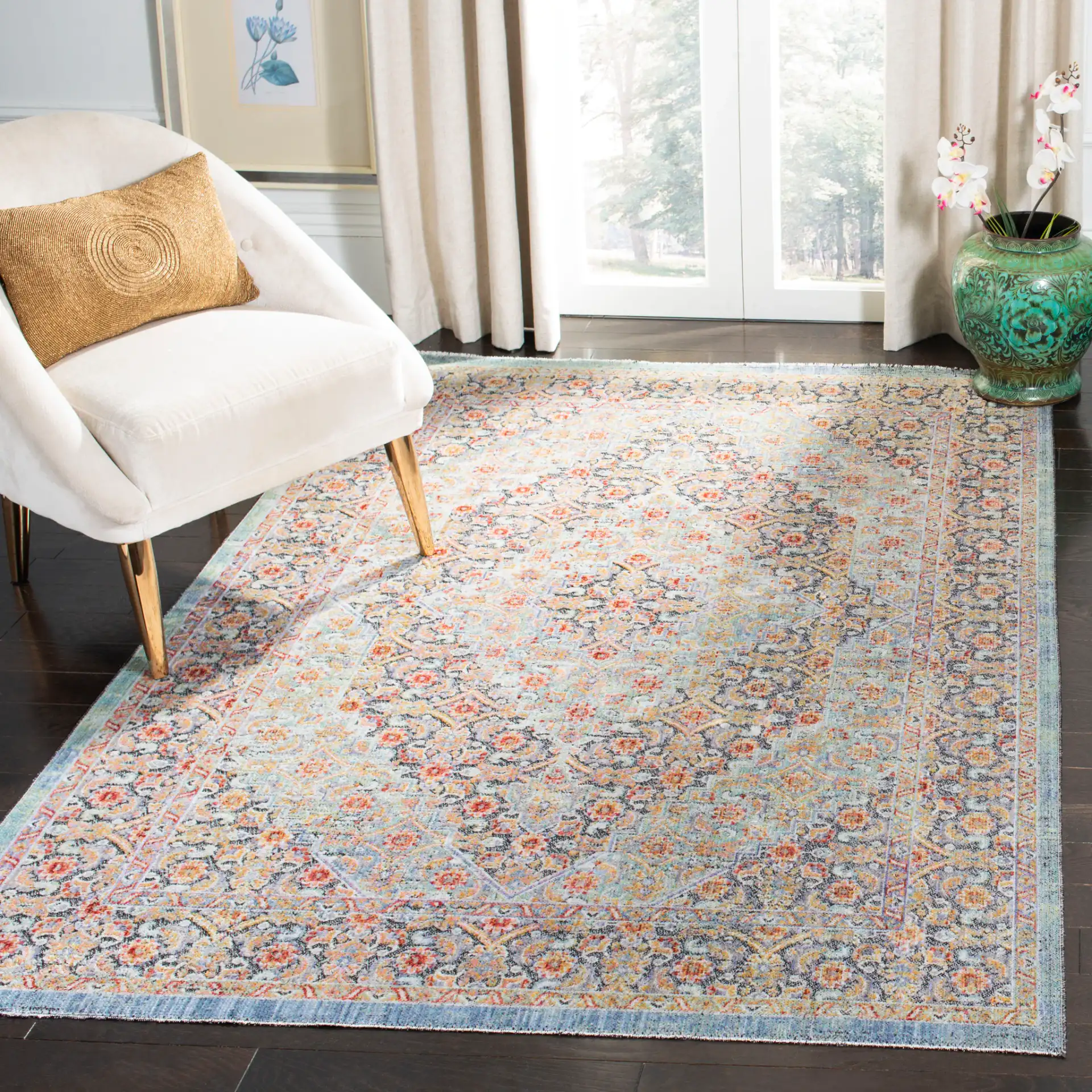 Provance Bordered Medallion Rug in Blue / Yellow in a styled room