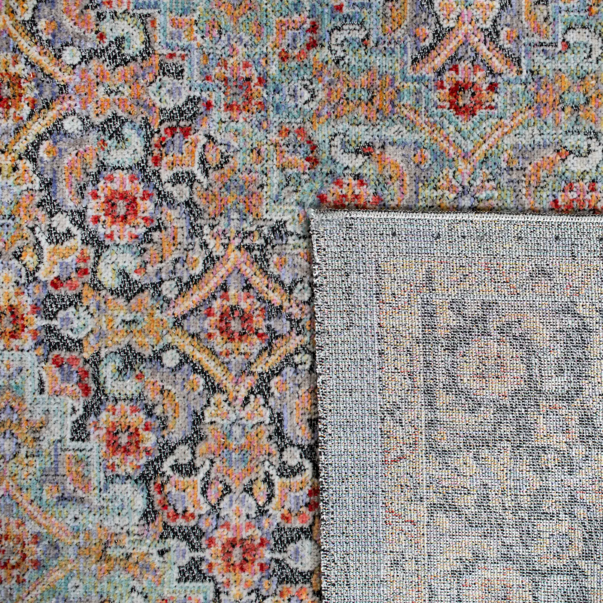 Provance Bordered Medallion Rug in Blue / Yellow in a styled room
