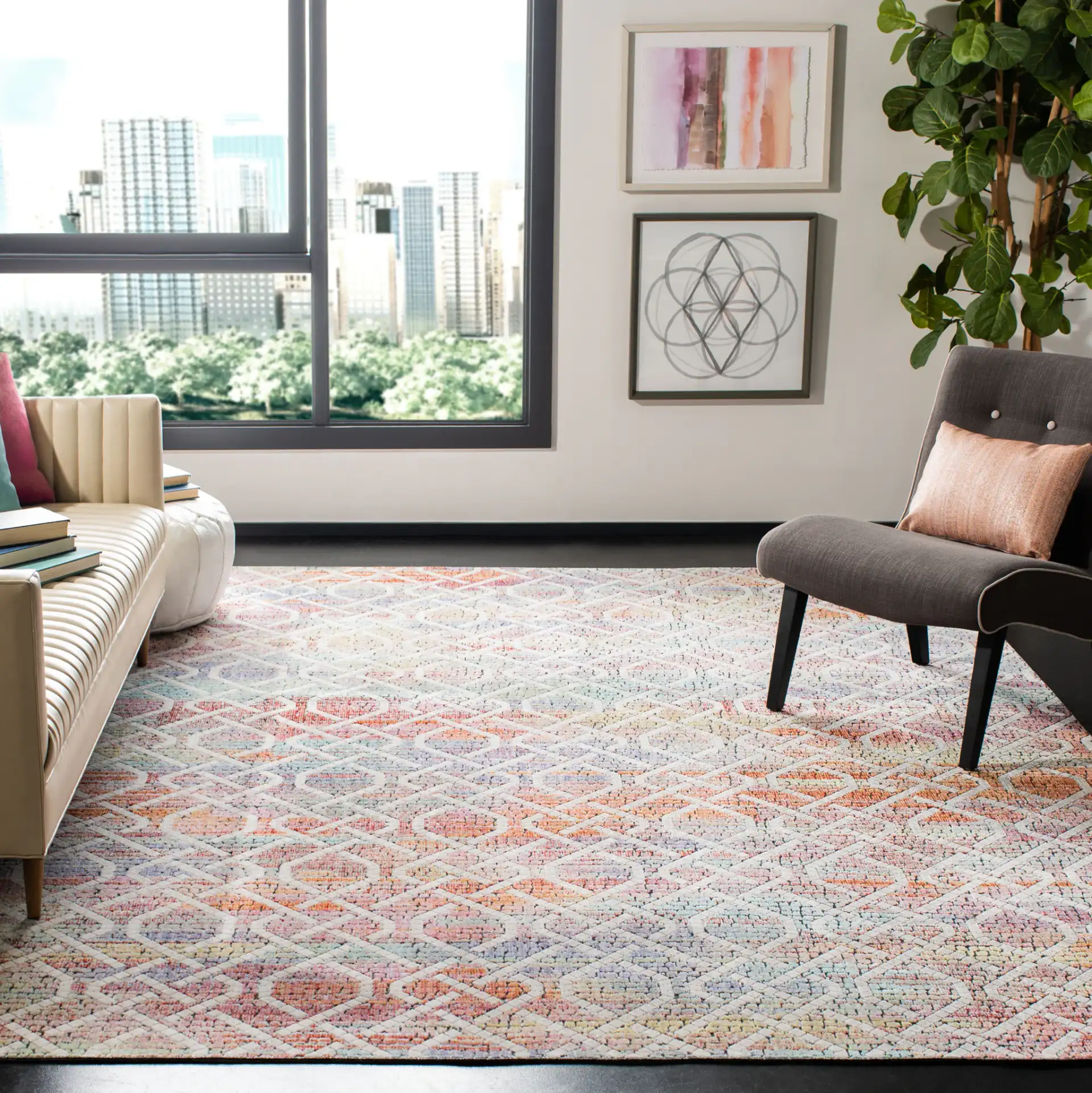 Provance Interlocking Trellis Rug in Cream / Orange in a styled room