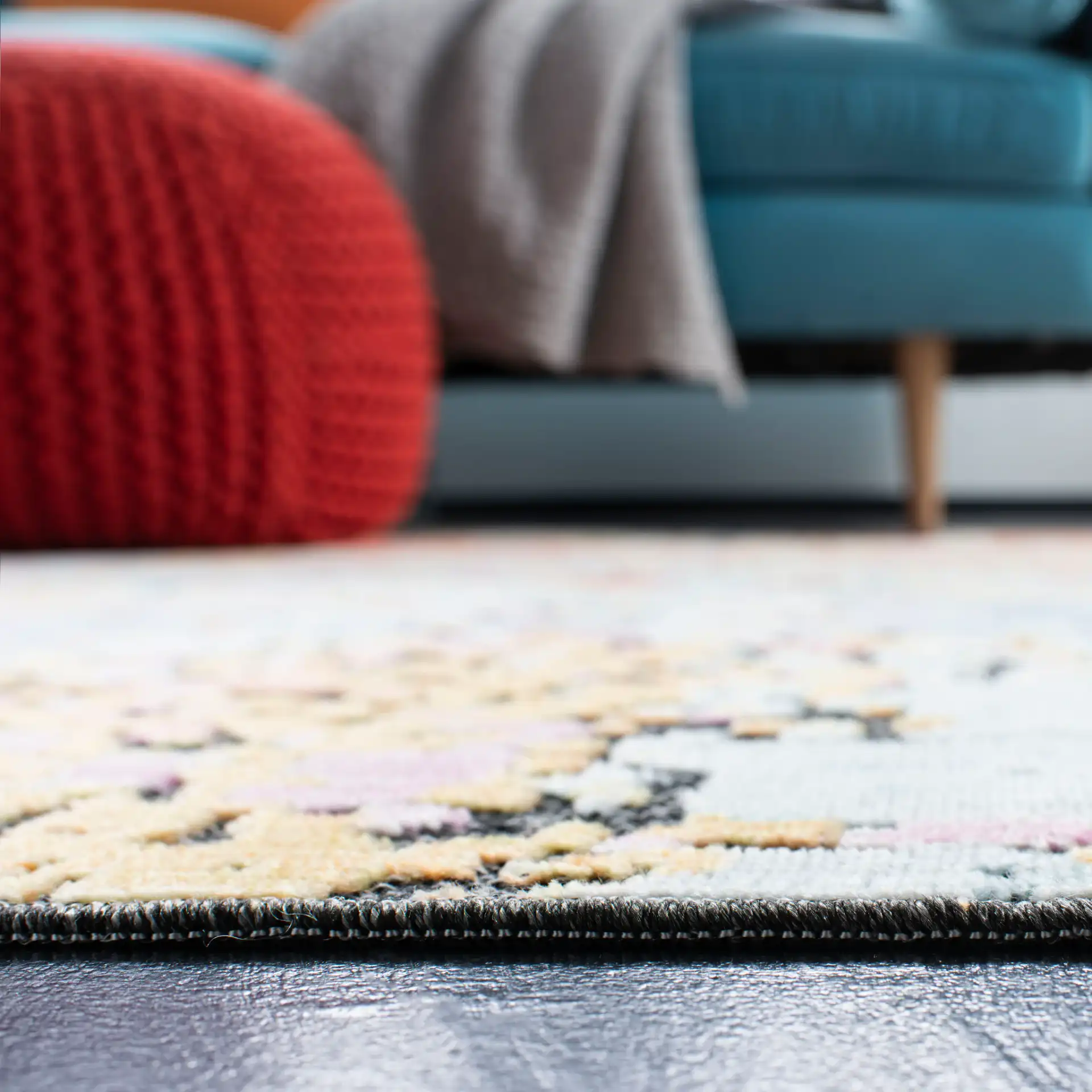 Provance Distressed Abstract Rug in Yellow / Red in a styled room