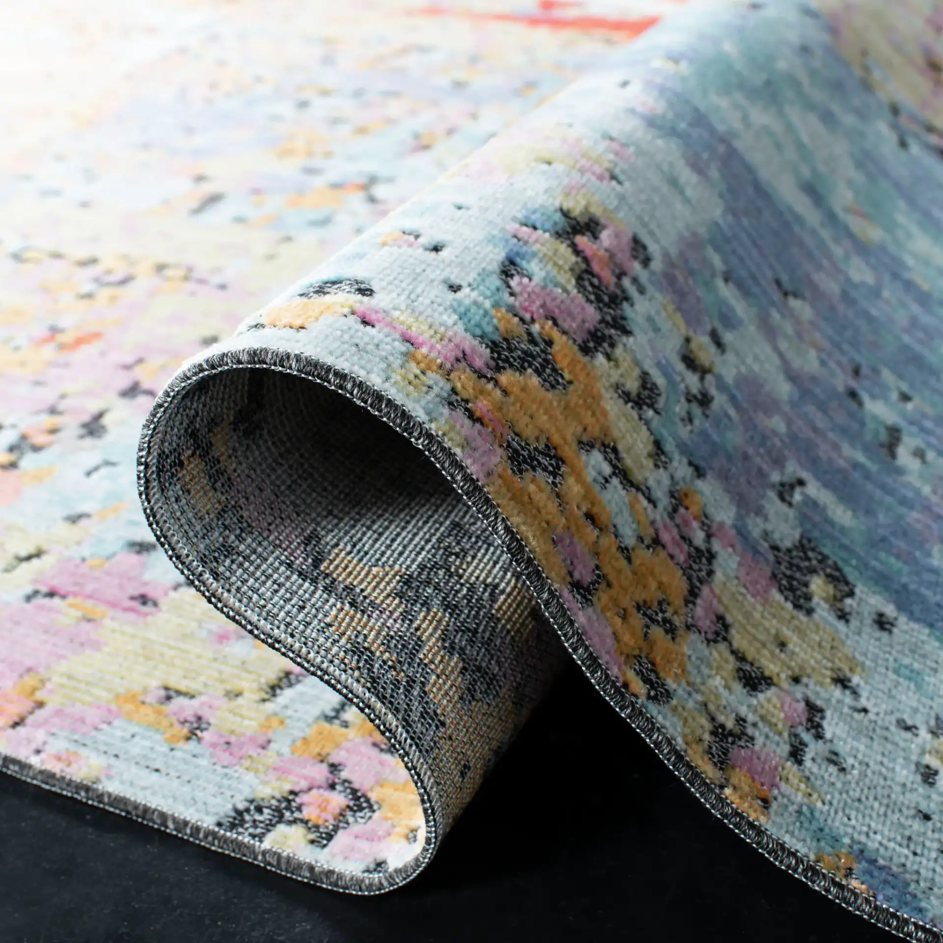 Provance Distressed Abstract Rug in Yellow / Red in a styled room