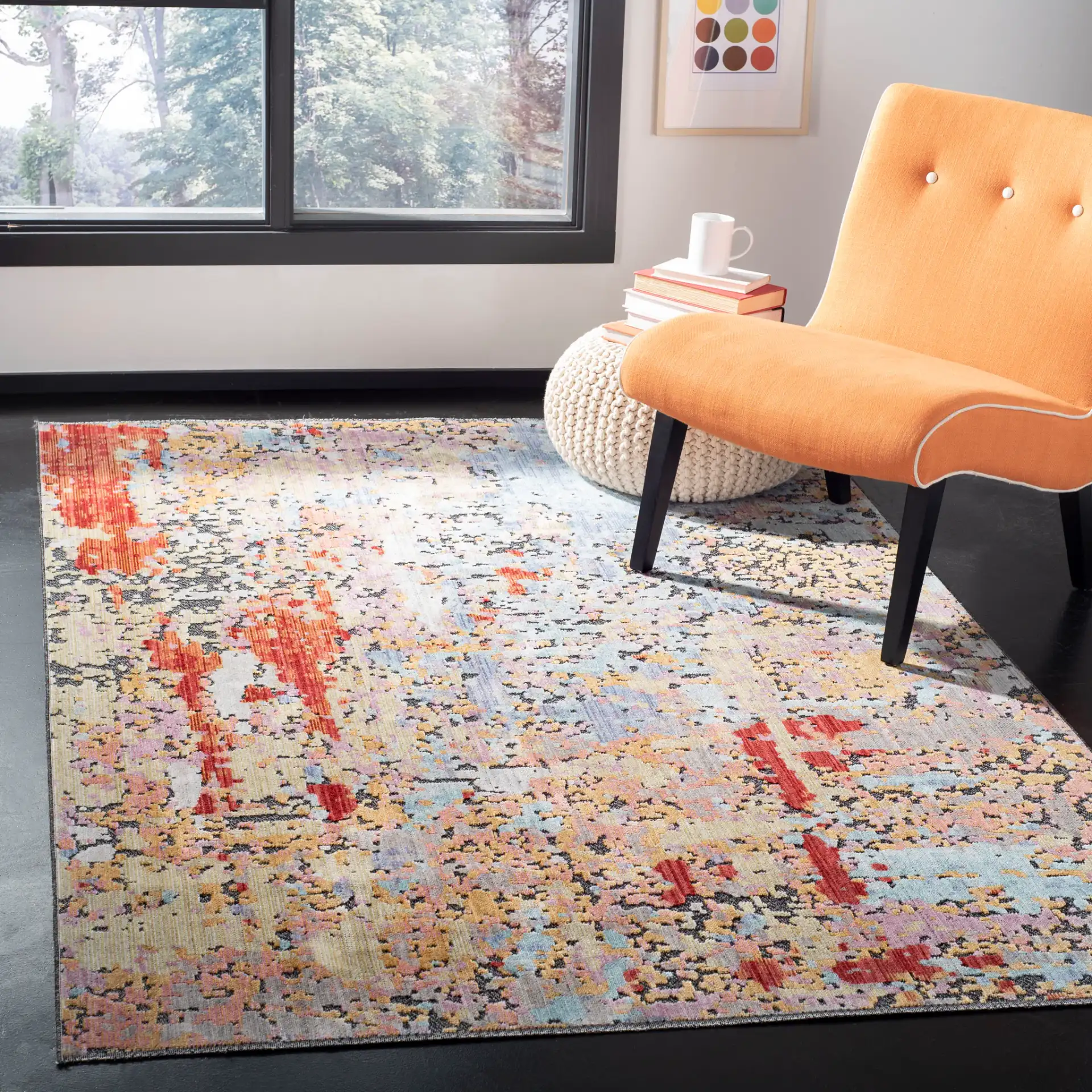 Provance Distressed Abstract Rug in Yellow / Red in a styled room