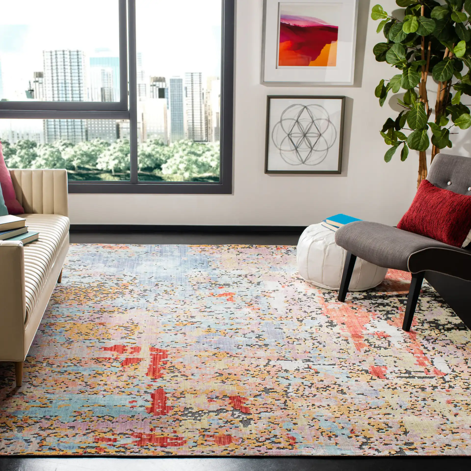 Provance Distressed Abstract Rug in Yellow / Red in a styled room