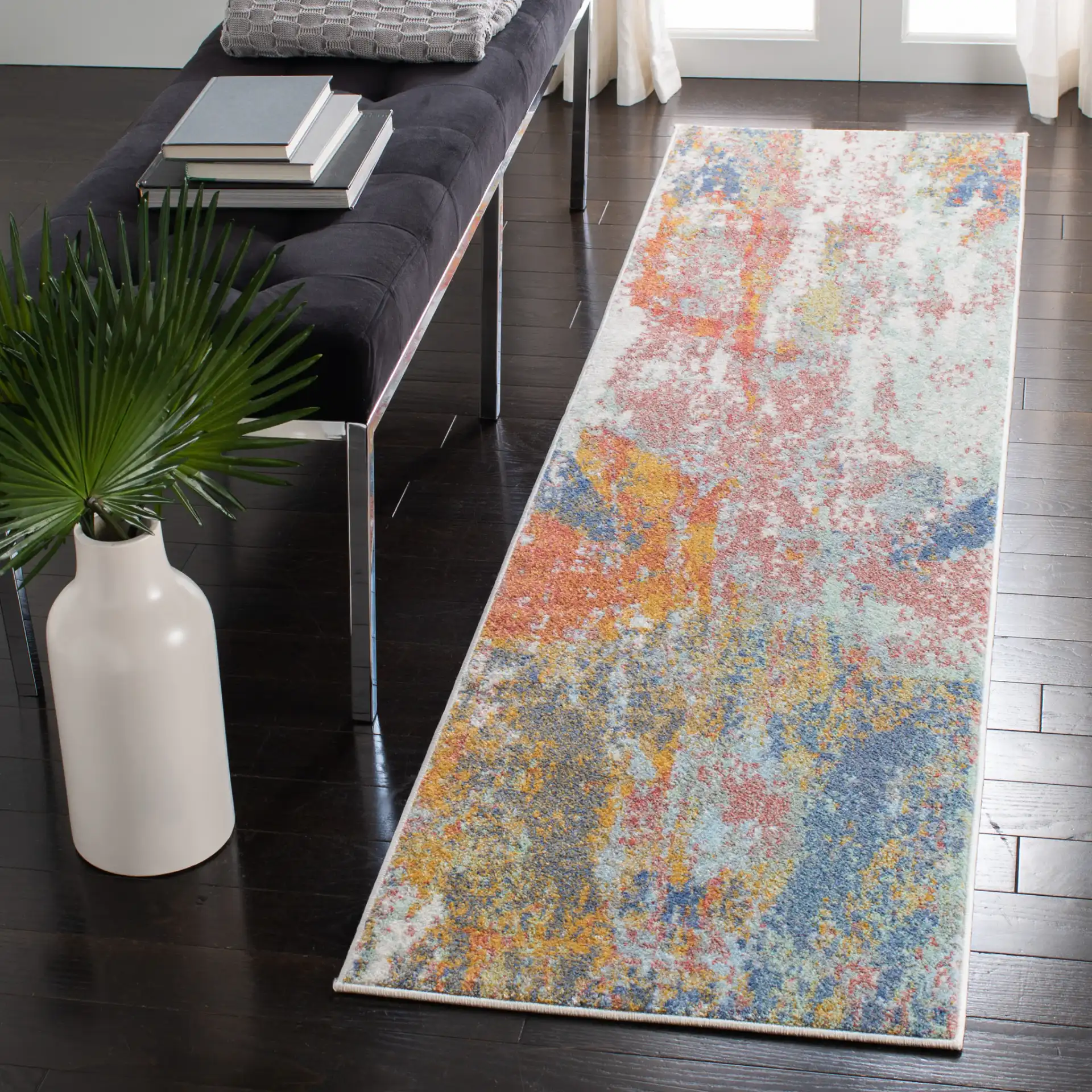 Prism Abstract Painterly Rug in Cream / Blue in a styled room