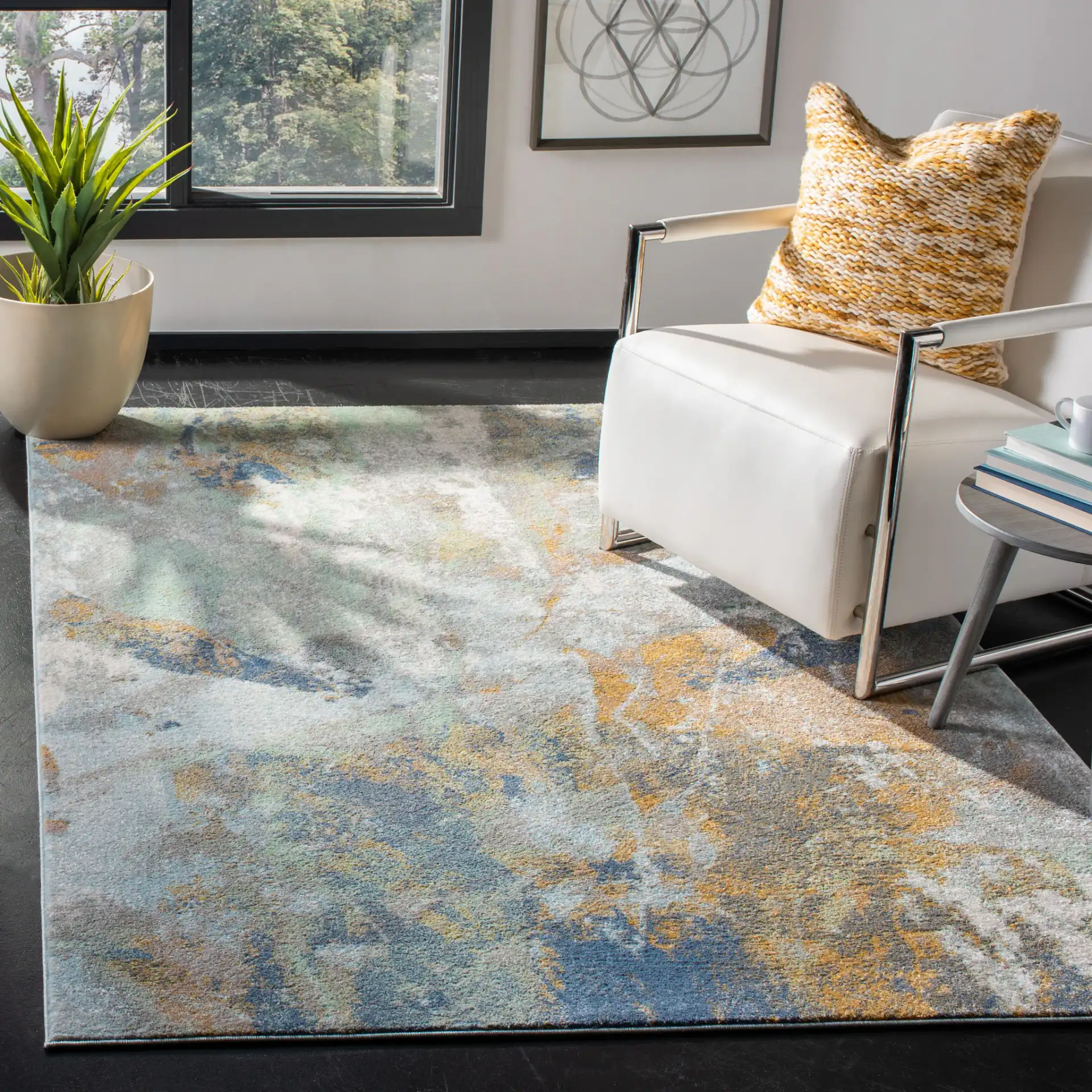 Prism Abstract Painterly Rug in Cream / Blue in a styled room