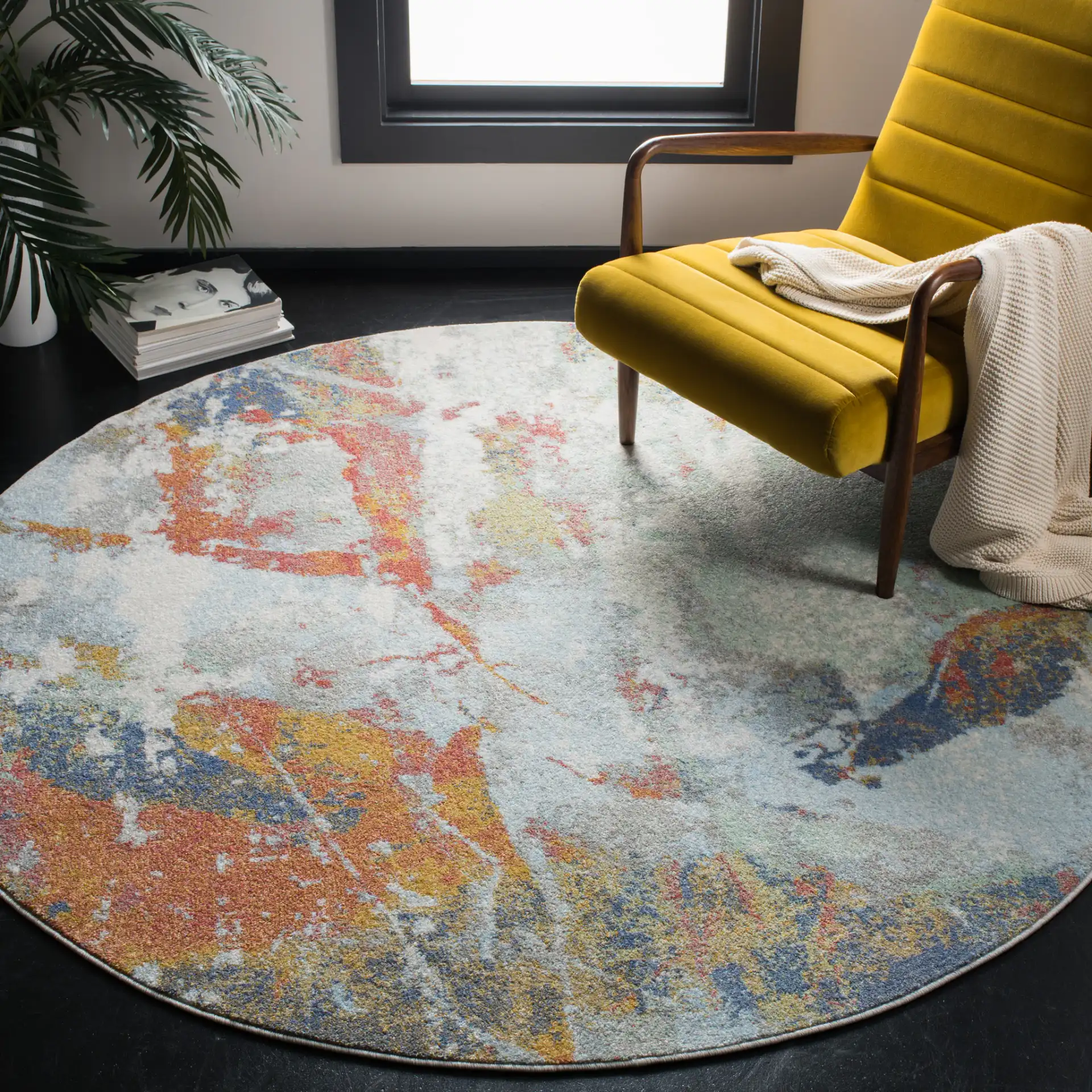 Prism Abstract Painterly Rug in Cream / Blue in a styled room