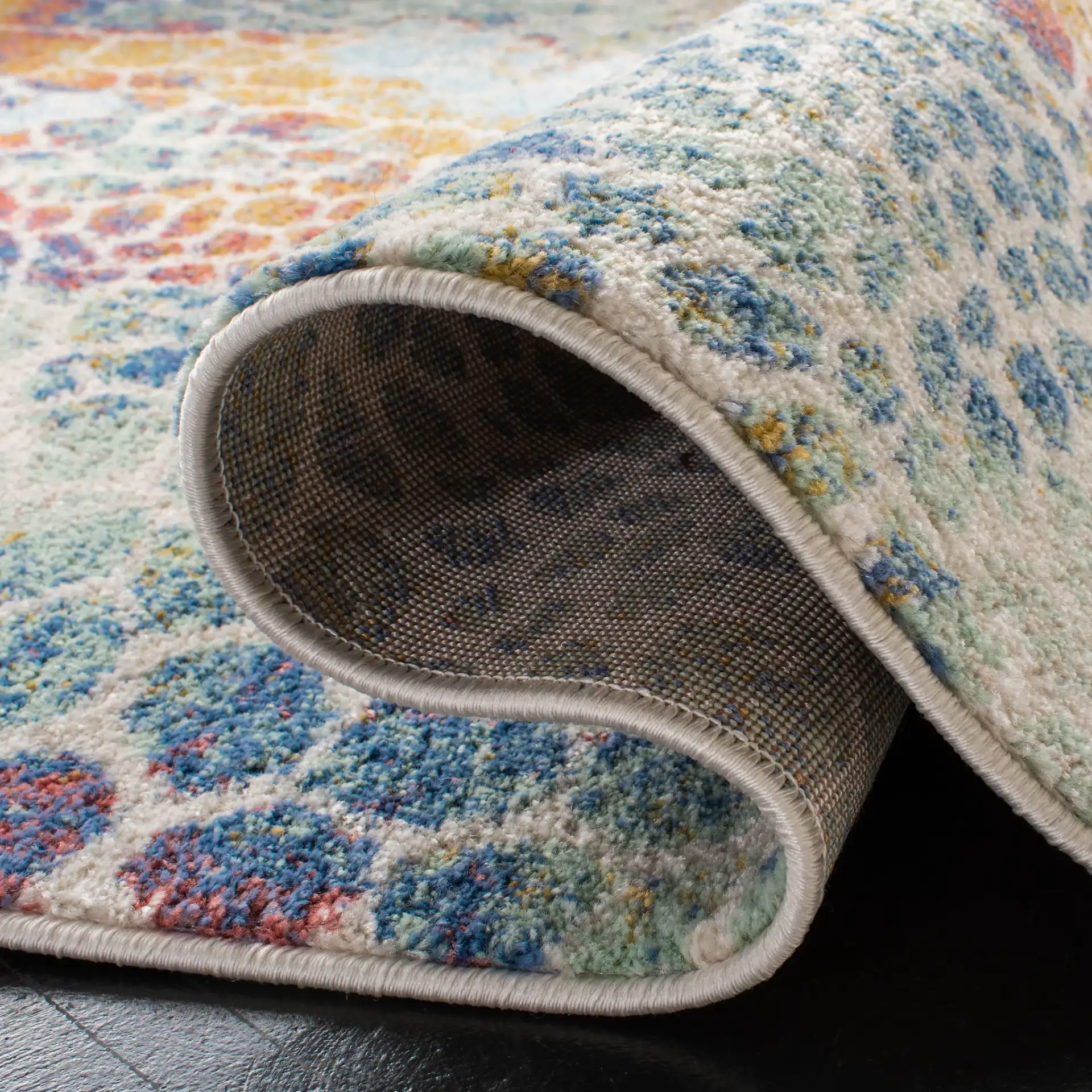 Prism Pebble Rug in Cream / Blue in a styled room