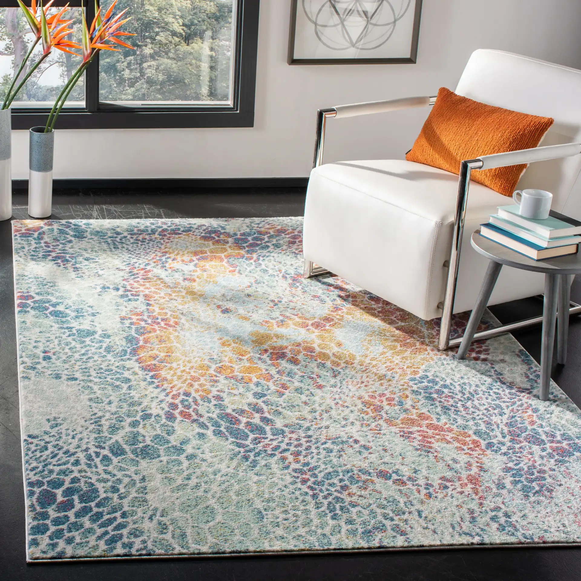 Prism Pebble Rug in Cream / Blue in a styled room