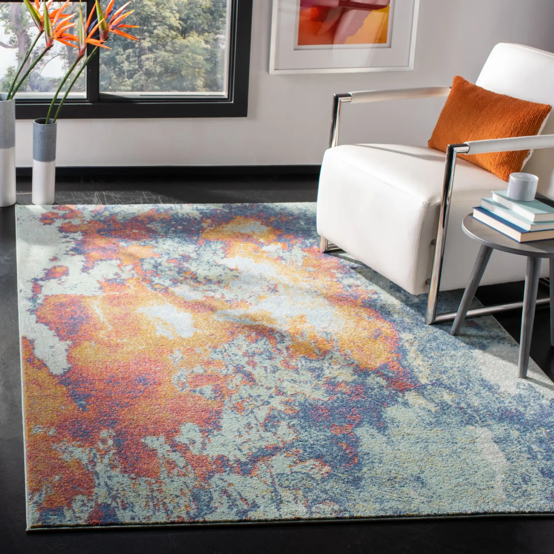 Prism Abstract Rug in Cream / Aqua in a styled room