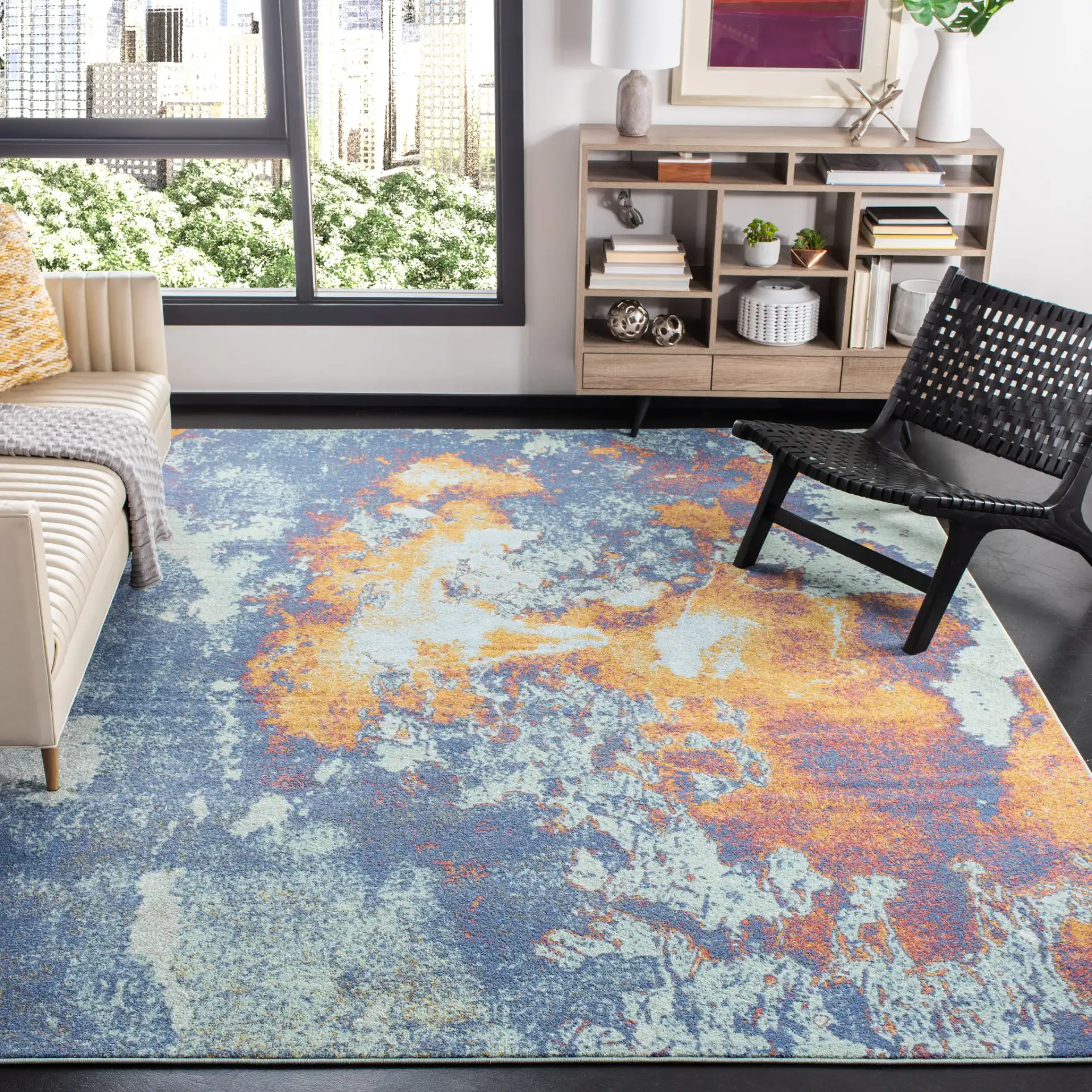 Prism Abstract Rug in Cream / Aqua in a styled room