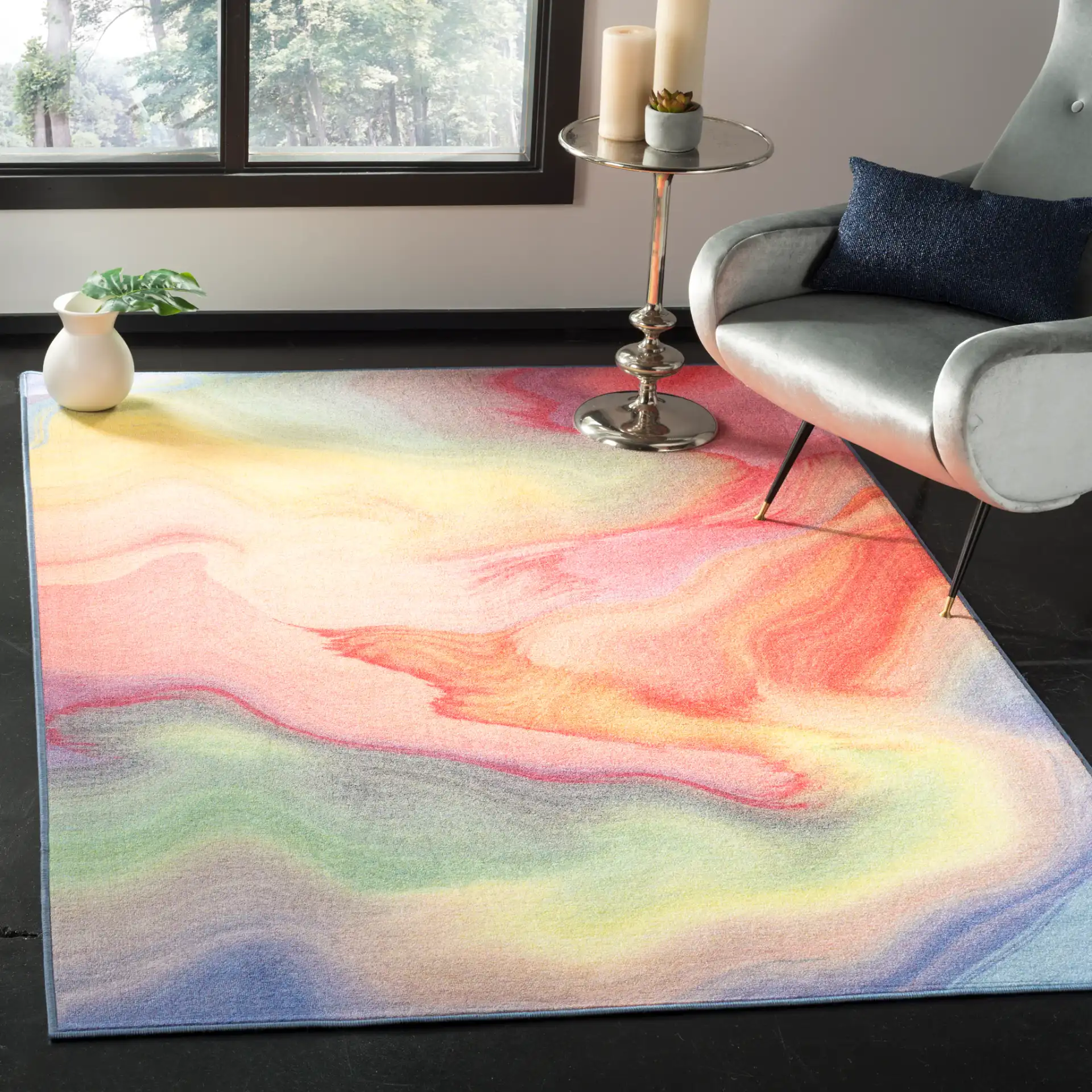 Paint Brush Wave Washable Rug in Fuchsia / Yellow in a styled room