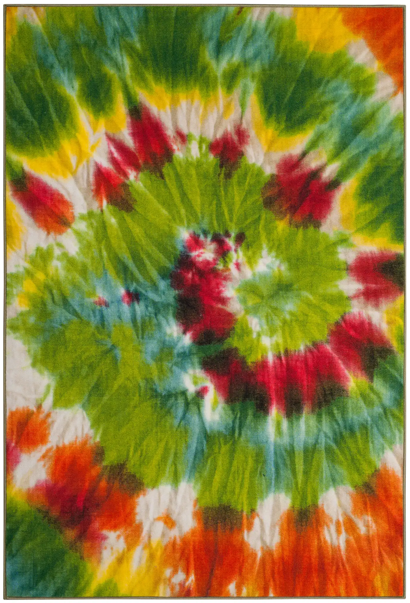 Paint Brush Tie-Dye Swirl Washable Rug in Green / Orange