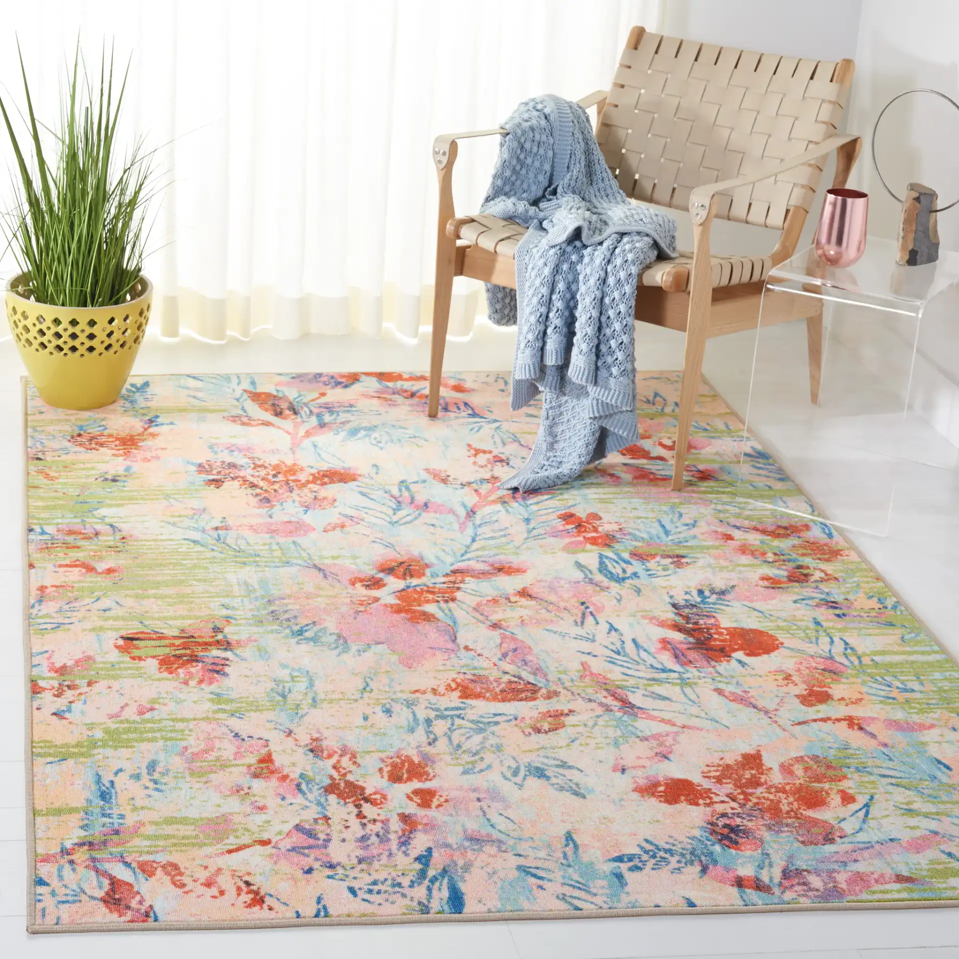Paint Brush Modern Floral Washable Rug in Blue / Blush Pink in a styled room
