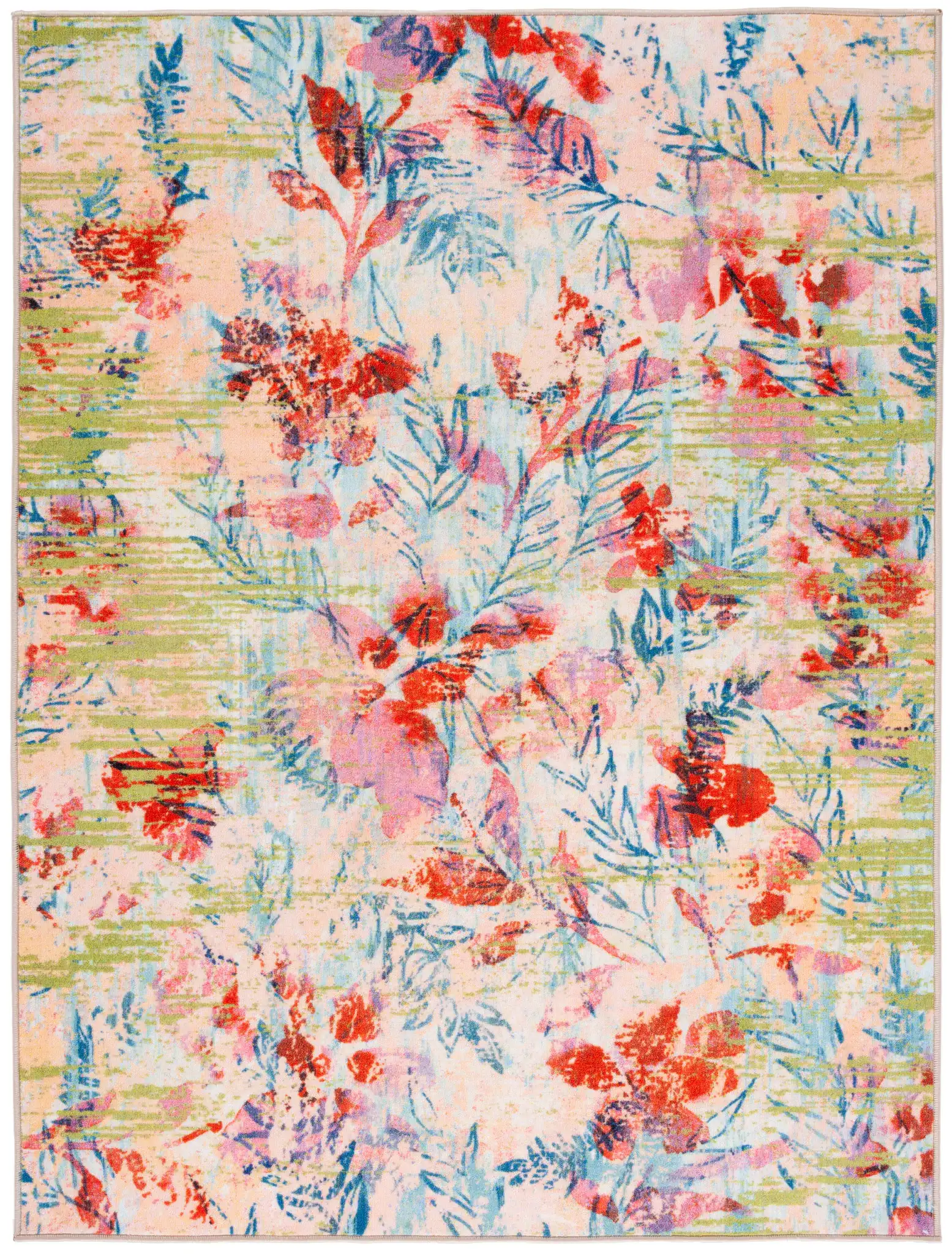 Paint Brush Modern Floral Washable Rug in Blue / Blush Pink