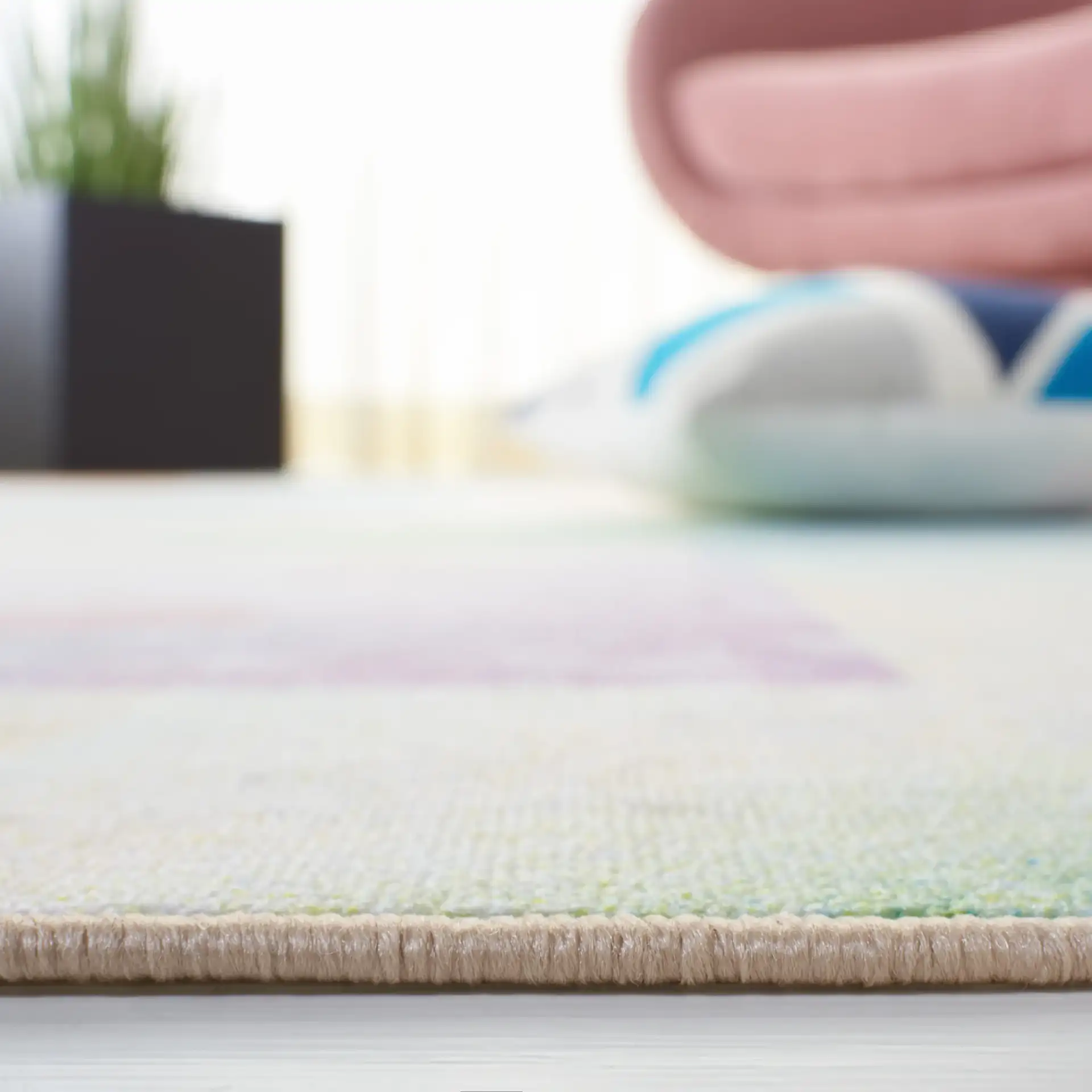 Paint Brush Overlapping Circles Washable Rug in Blue / Purple in a styled room