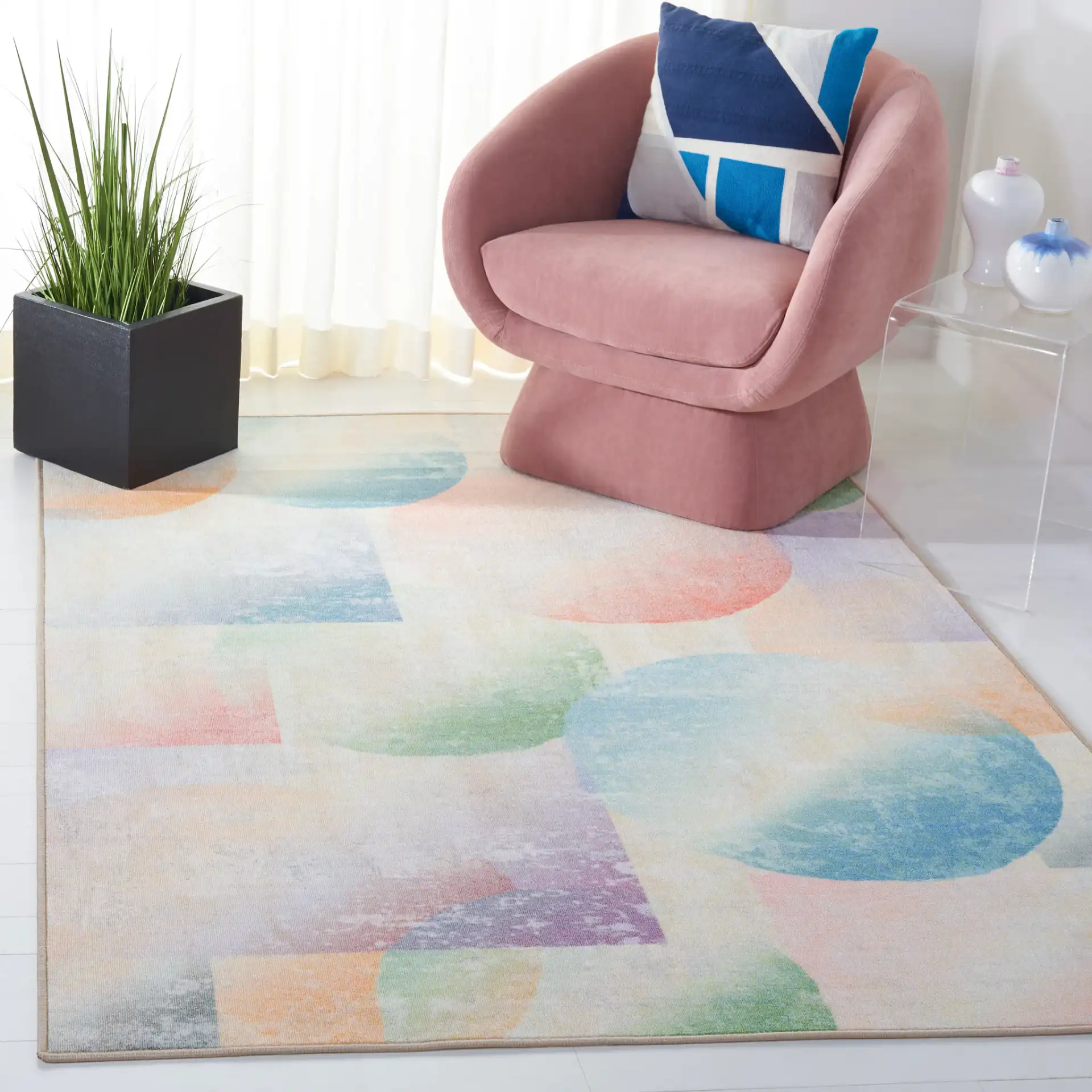 Paint Brush Overlapping Circles Washable Rug in Blue / Purple in a styled room