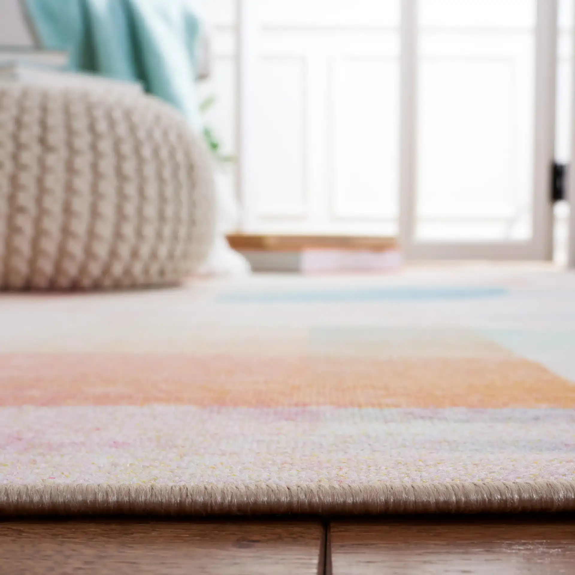 Paint Brush Modern Geometric Washable Rug in Pink / Blue in a styled room