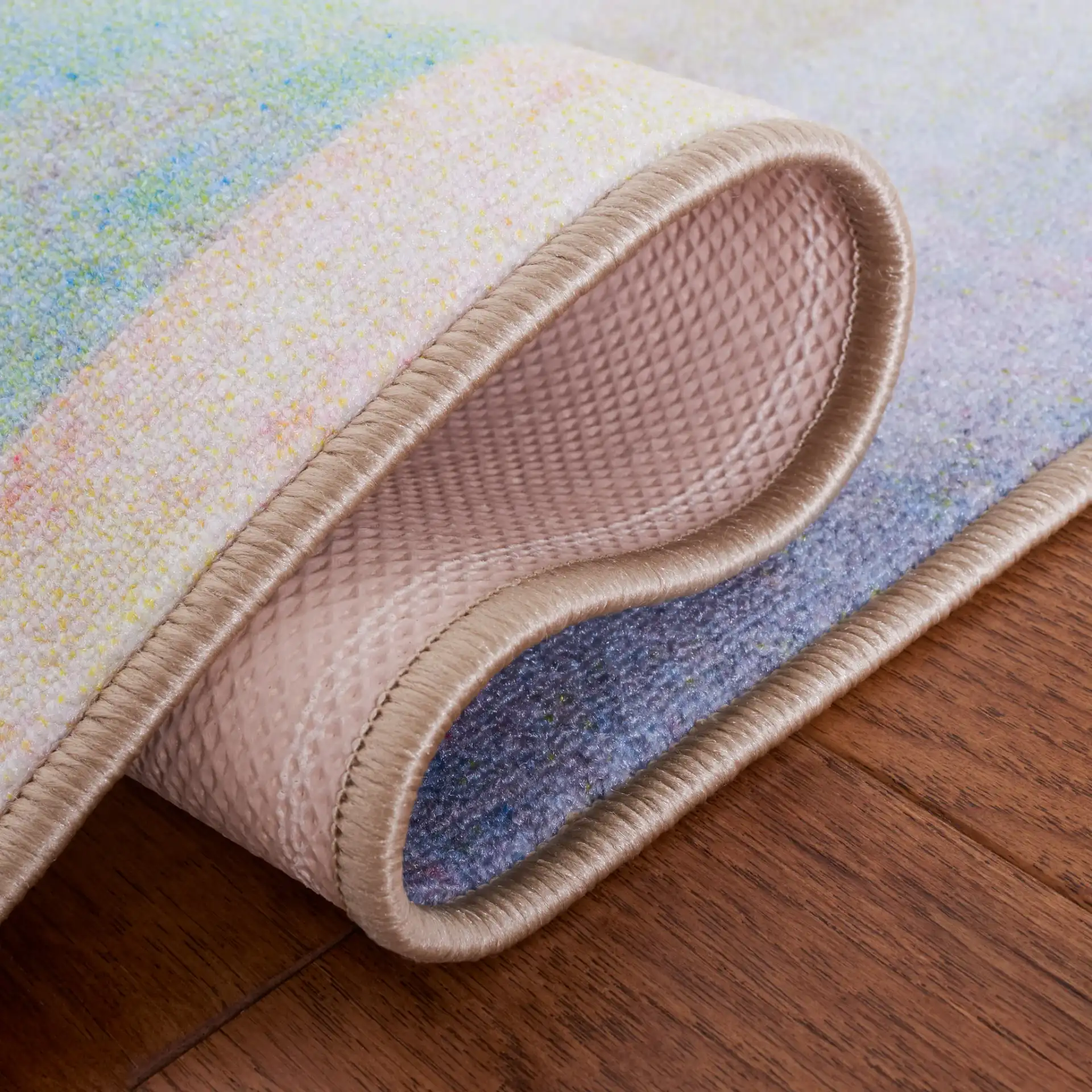 Paint Brush Modern Geometric Washable Rug in Pink / Blue in a styled room