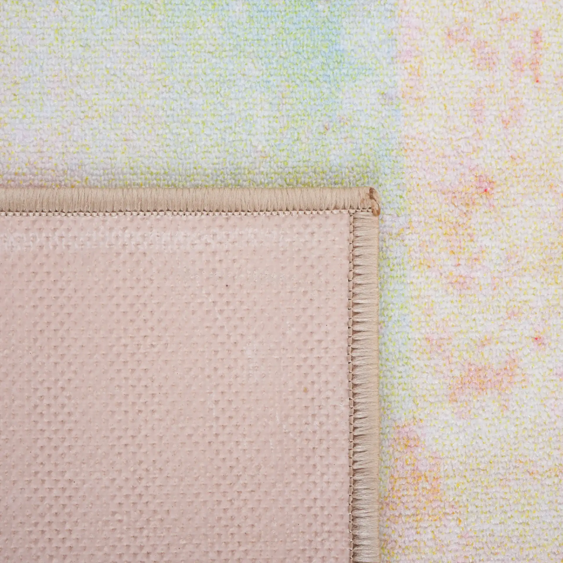 Paint Brush Modern Geometric Washable Rug in Pink / Blue in a styled room