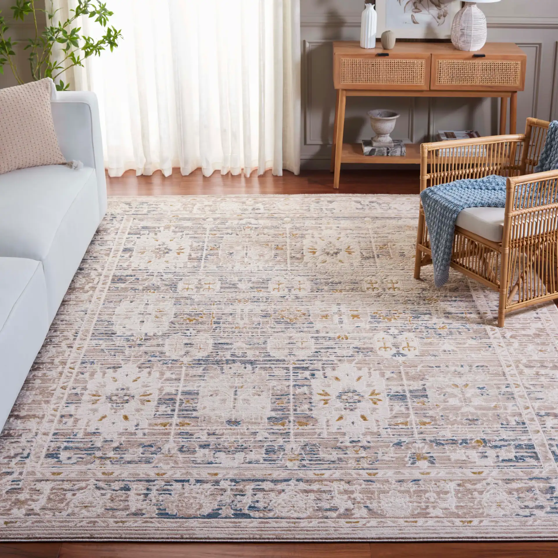 Prestige Distressed Panel Rug in Beige / Blue in a styled room