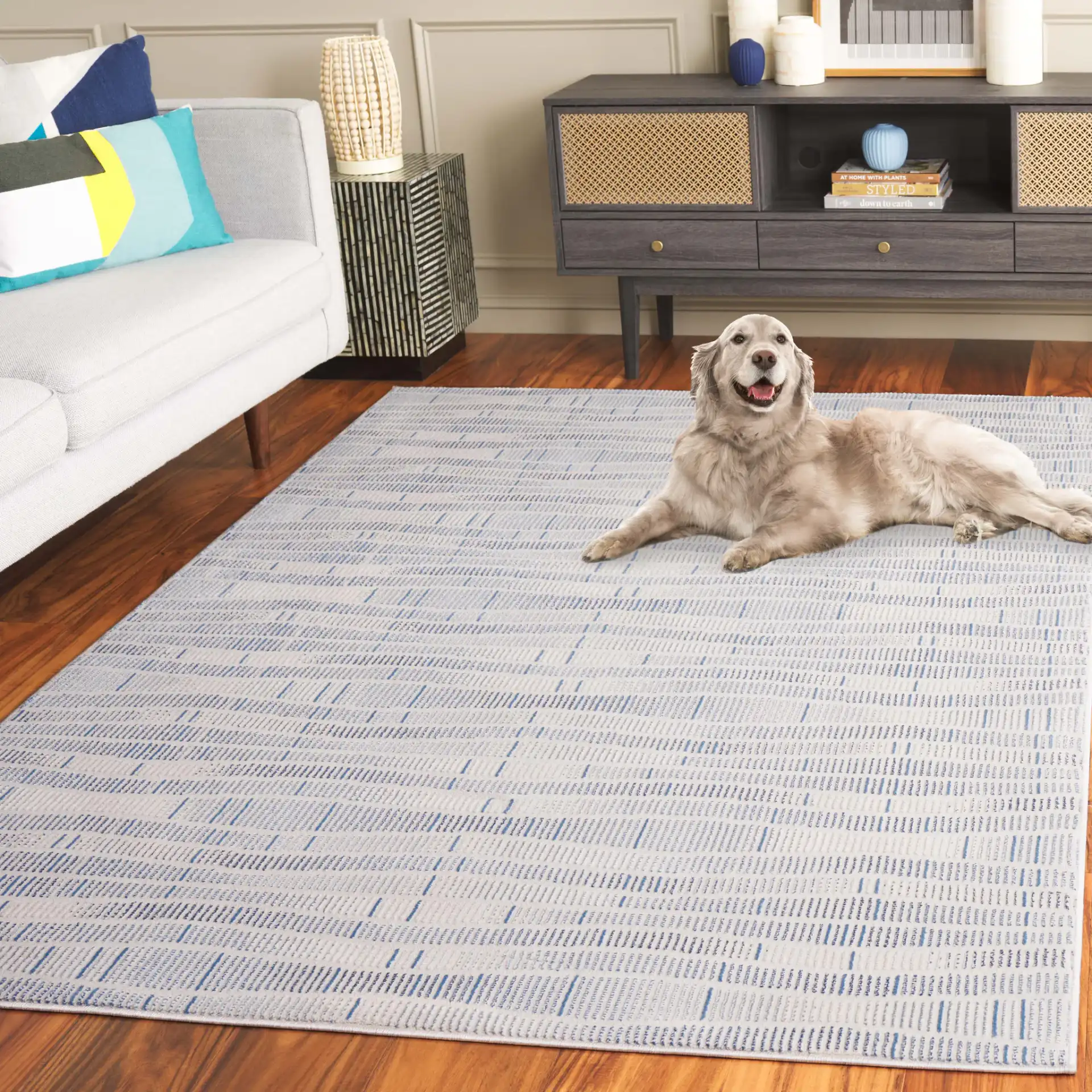 Prestige Dashed Wave Rug in Beige / Blue in a styled room