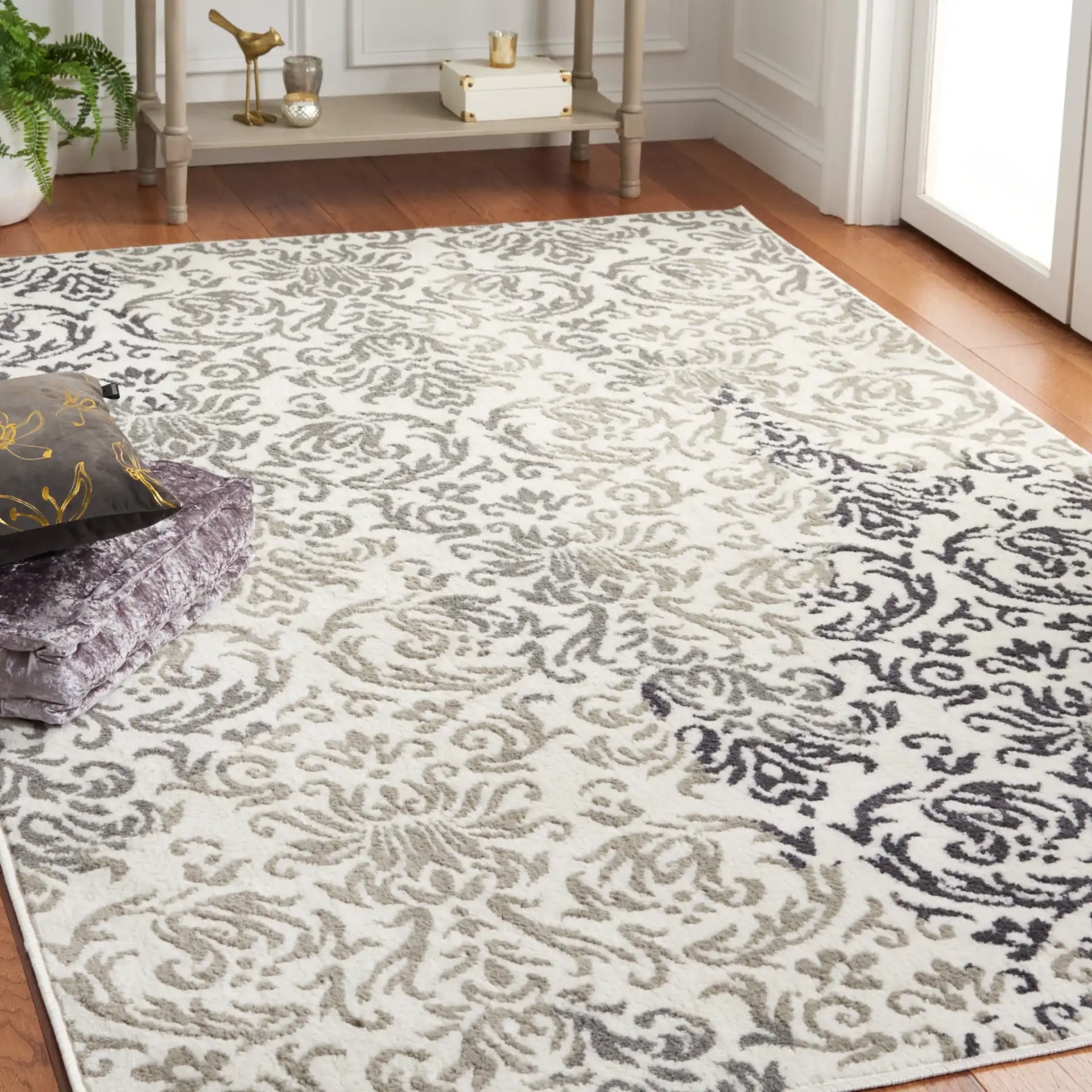 Pyramid Damask Rug in Ivory Gray / Charcoal in a styled room